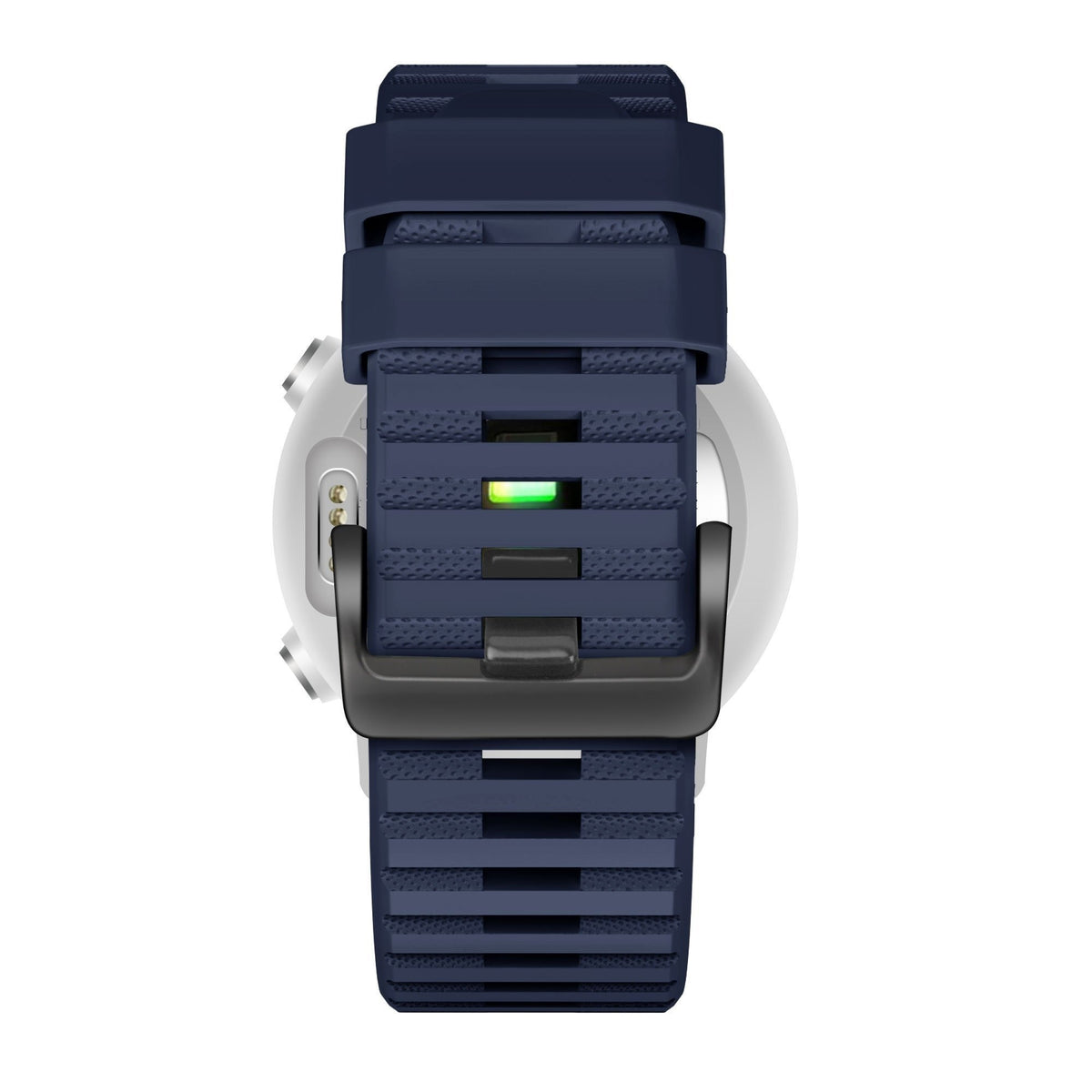 Buckled Silicone Strap, dark blue, on a watch, direct rear view