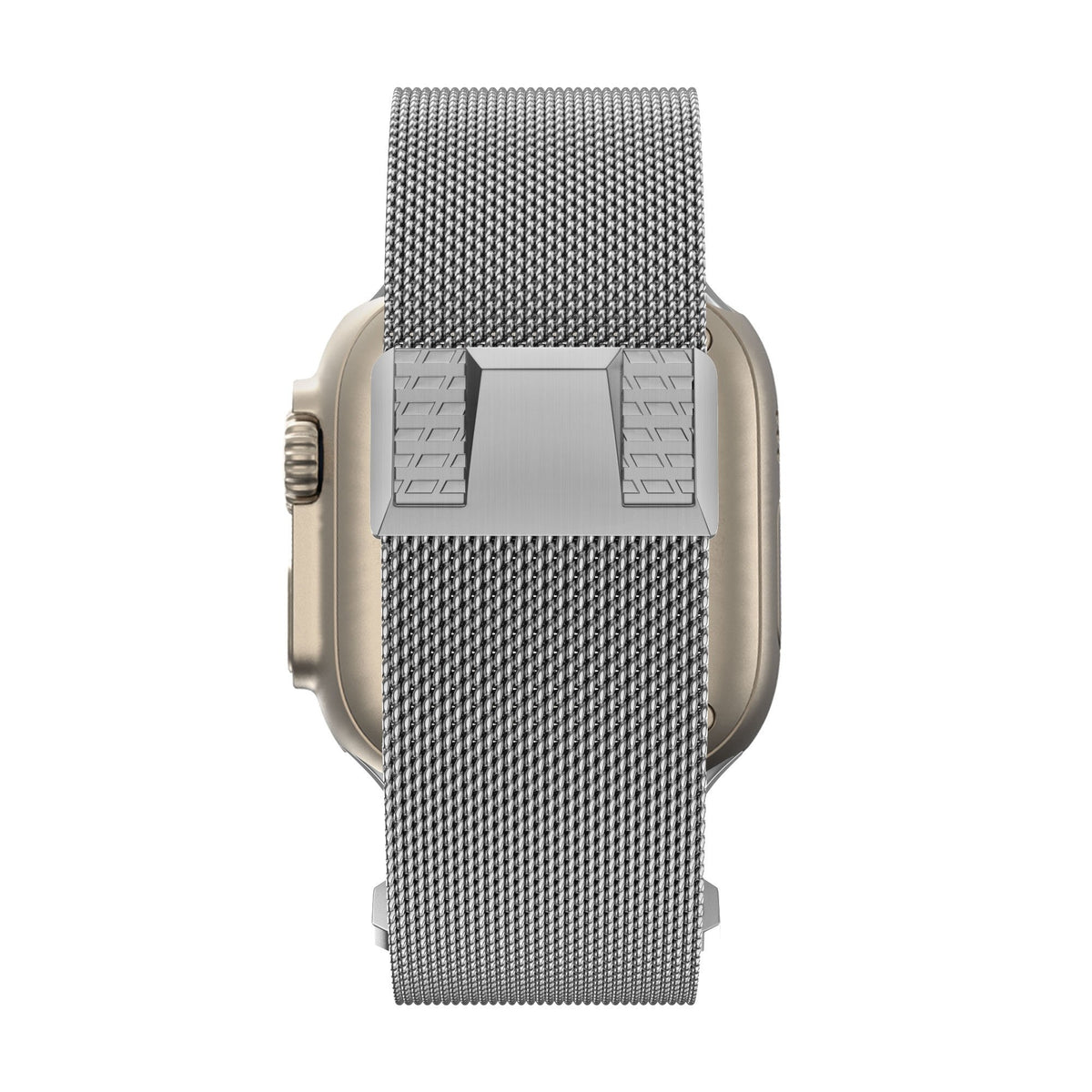 Milanese Strap 'Mecha', silver, on a watch, direct rear view