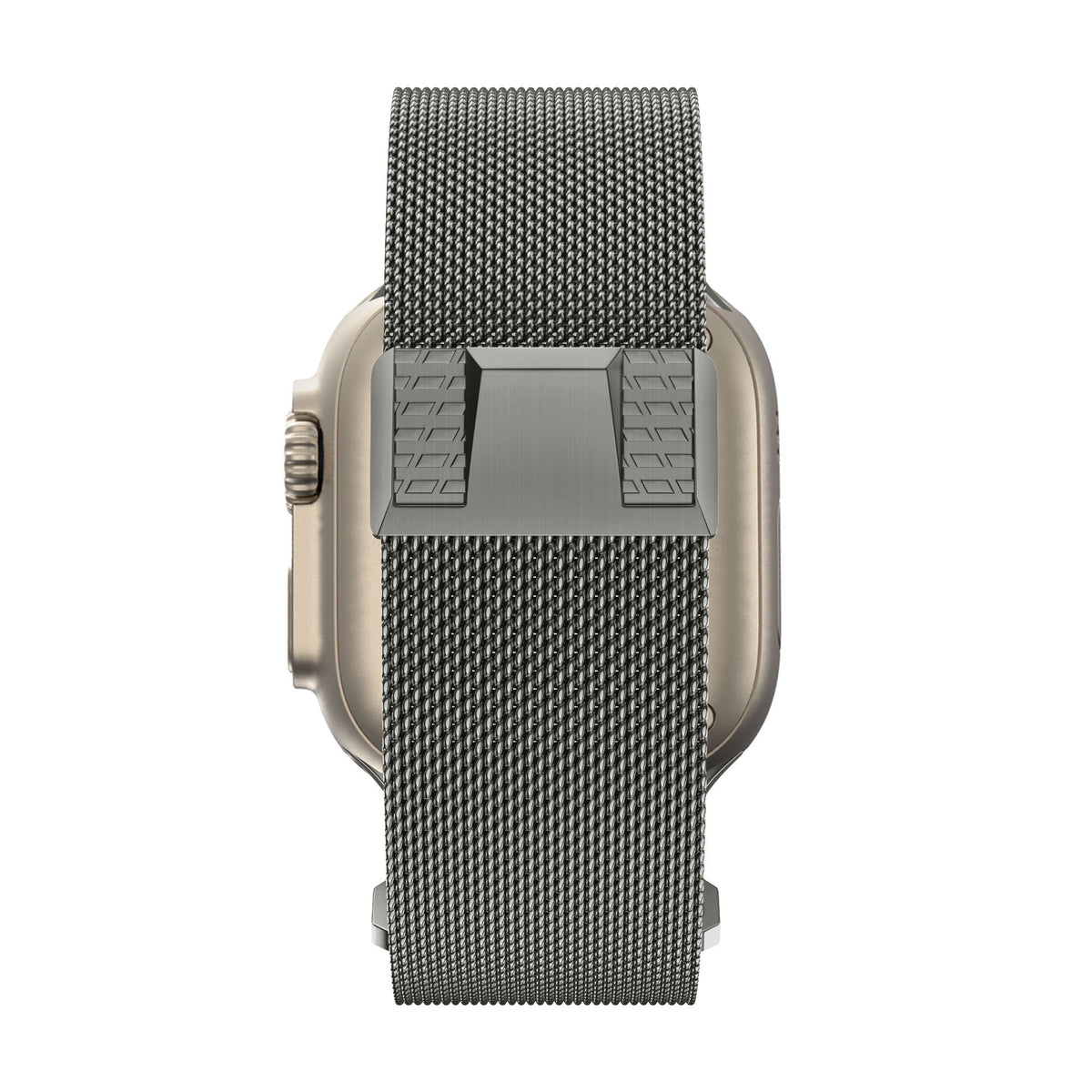 Milanese Strap 'Mecha', titanium grey, on a watch, direct rear view