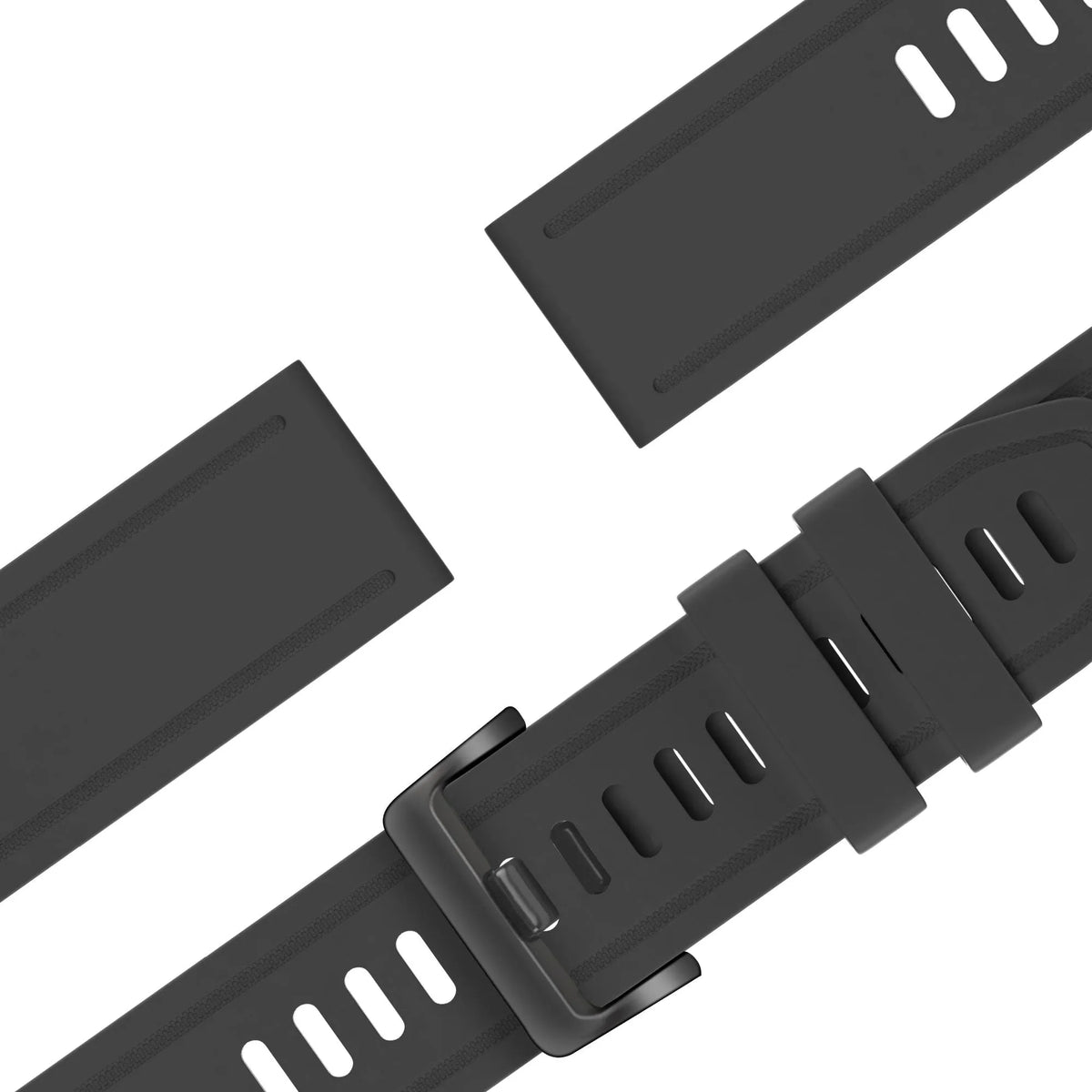 Buckled Silicone Strap, black, laid flat, separate parts, direct top view