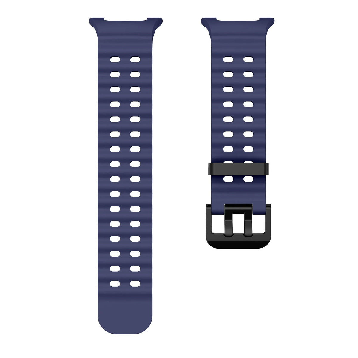 Silicone Ocean Strap, dark blue, laid flat, separate parts, direct top view