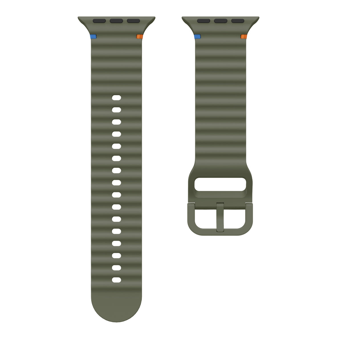 Wave Silicone Strap, dark green, laid flat, separate parts, direct top view