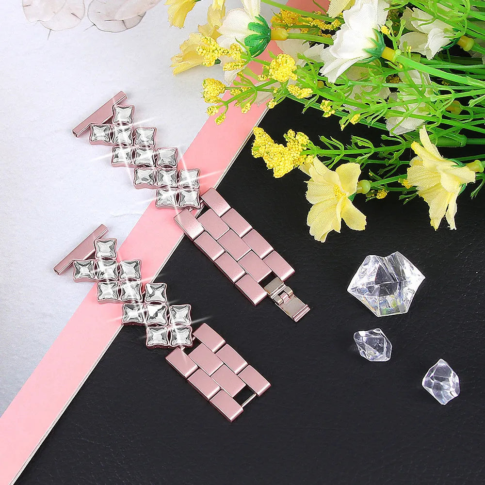 Steel Diamond Strap, pink, laid flat, separate parts, direct top view