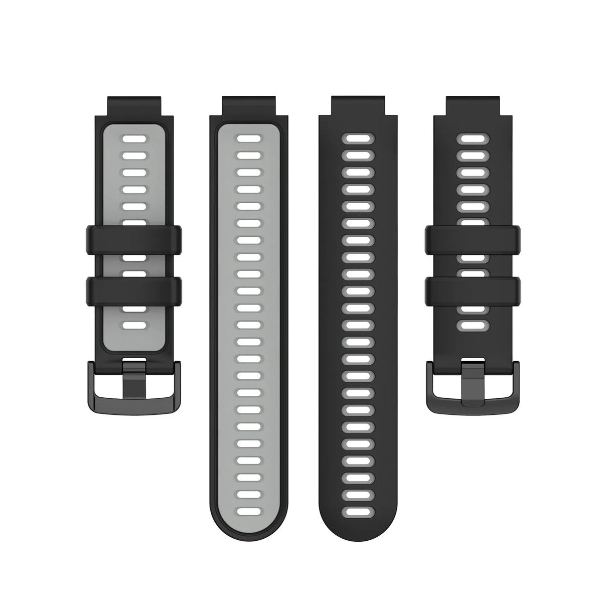 Silicone Sport Strap, black/grey, laid flat, separate parts, direct top view