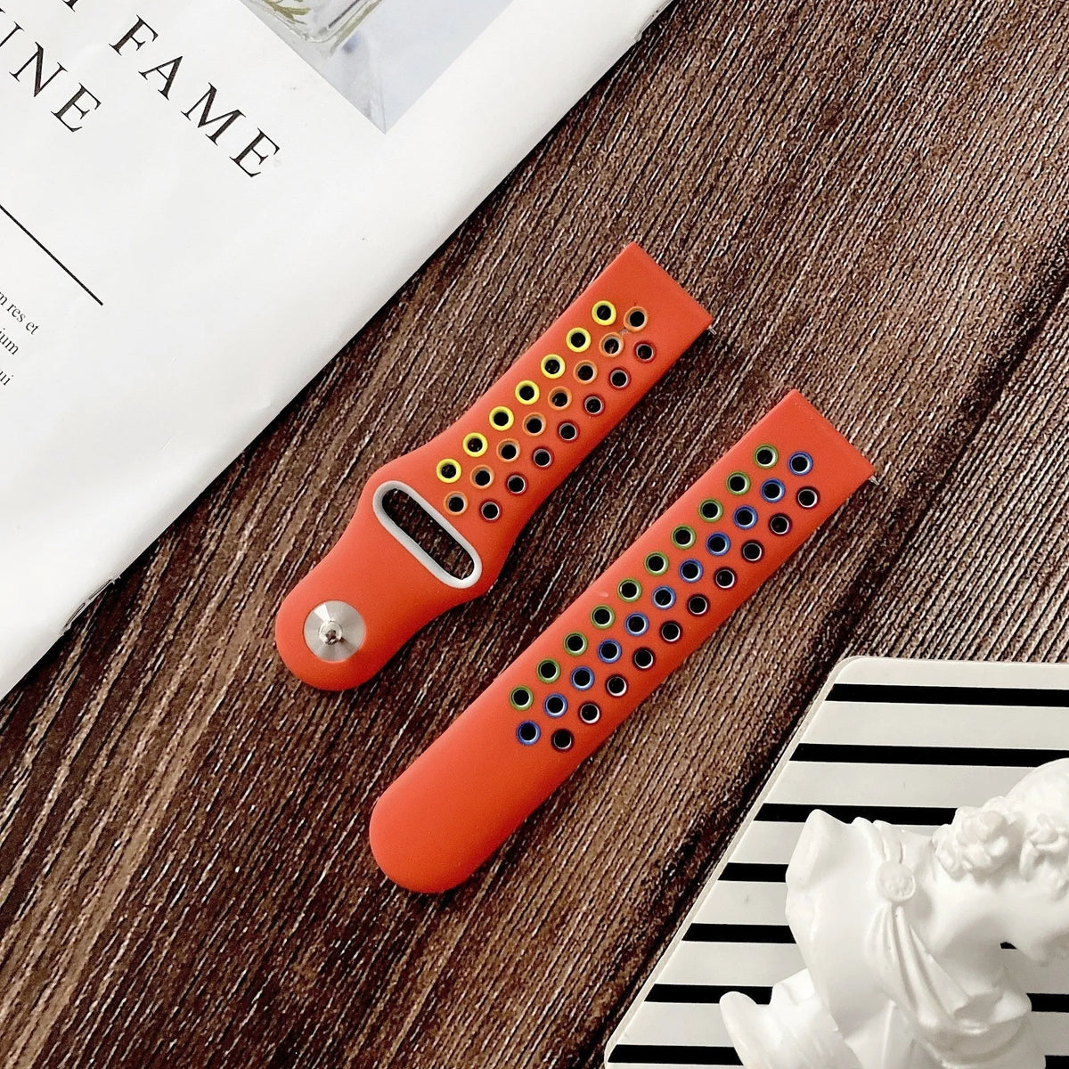 Silicone Sport Strap, laid flat, separate parts, direct top view