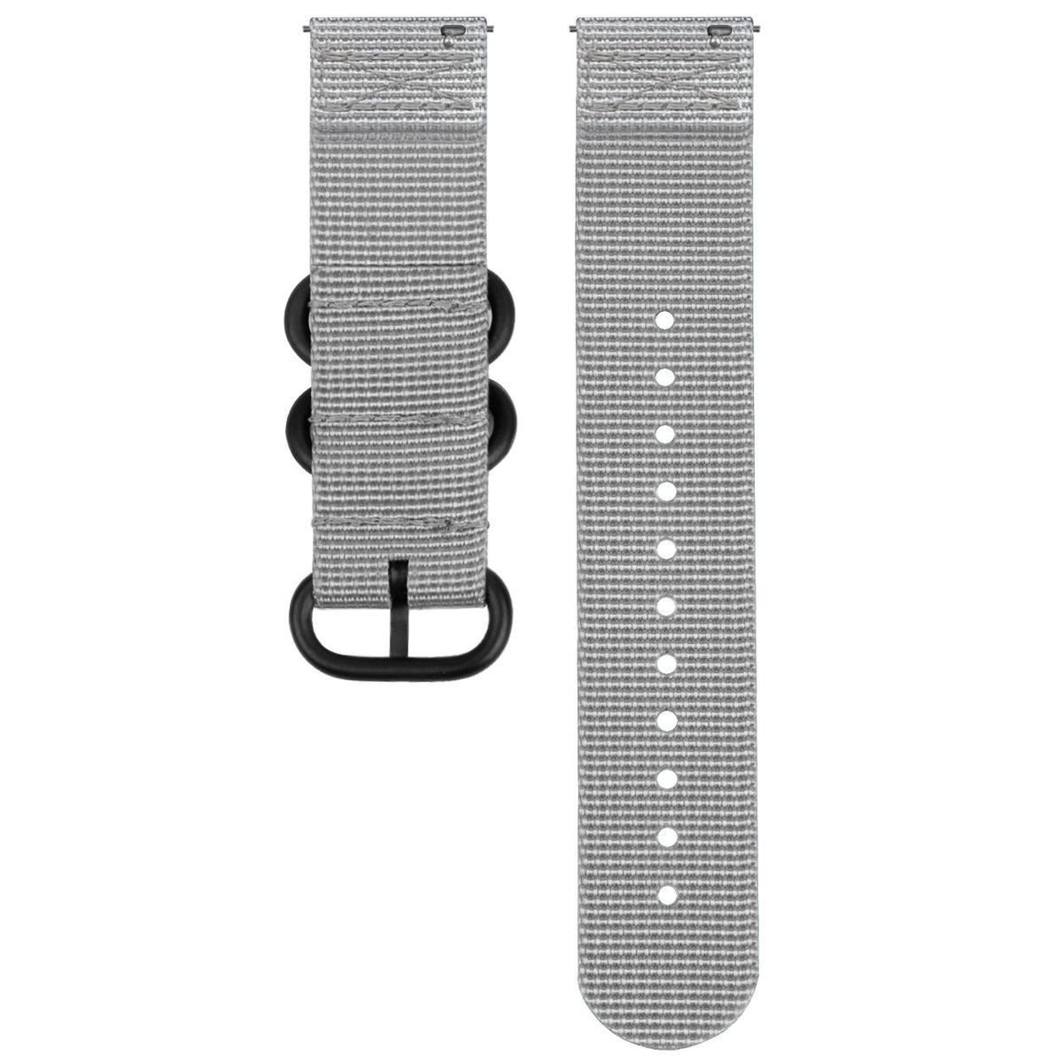 Nylon Buckle Strap, grey, laid flat, separate parts, direct top view