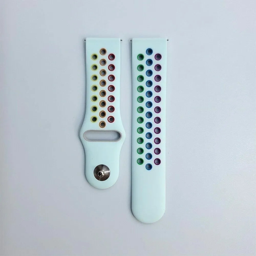 Silicone Sport Strap, light blue/colourful, laid flat, separate parts, direct top view