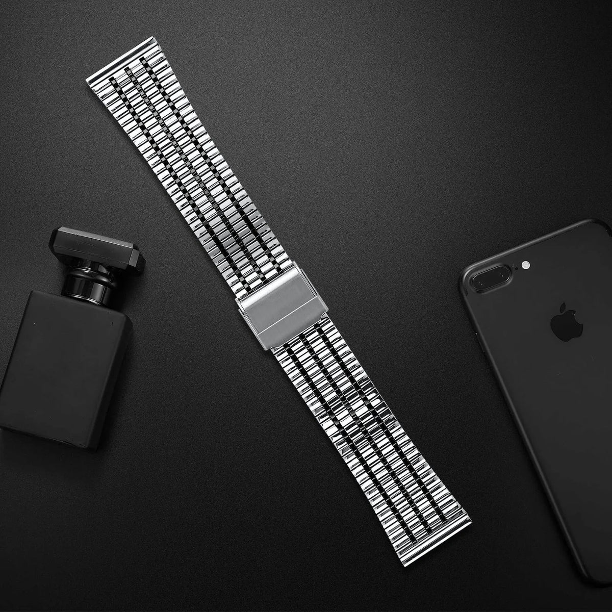 Fine Steel Strap, silver/black, laid flat, joined, direct top view