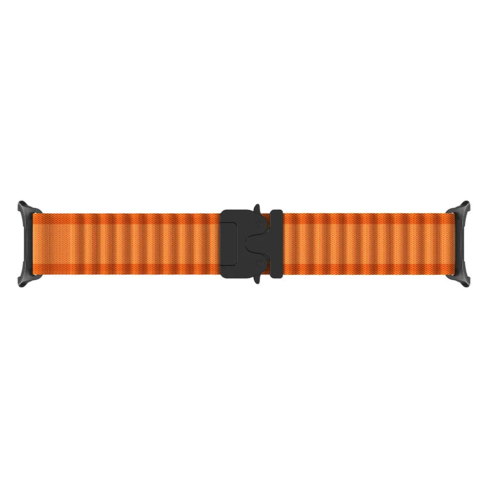 Outdoor Nylon Strap with P-Buckle, orange/black, laid flat, joined, direct top view