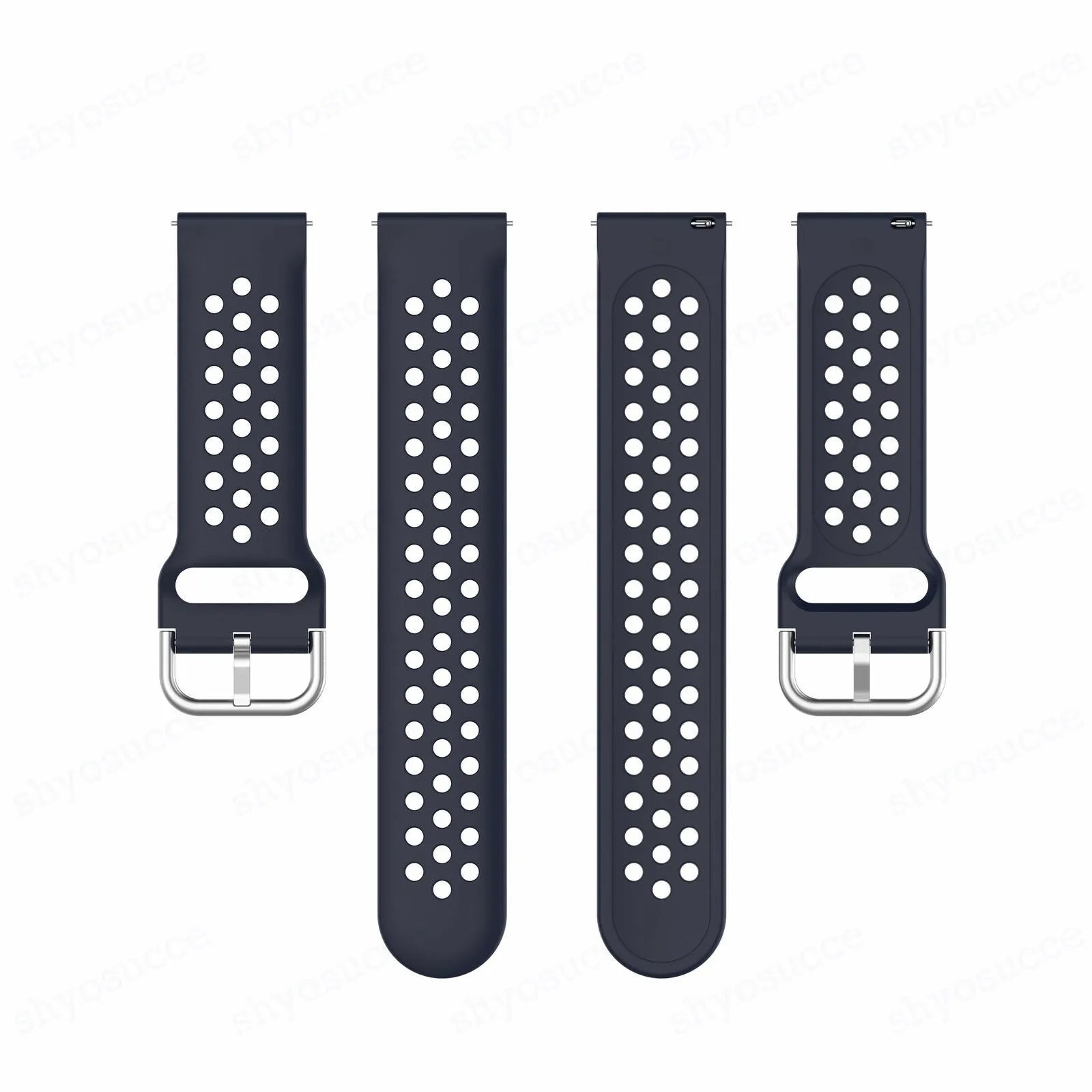 Breathable Silicone Strap, laid flat, separate parts, top and underside view