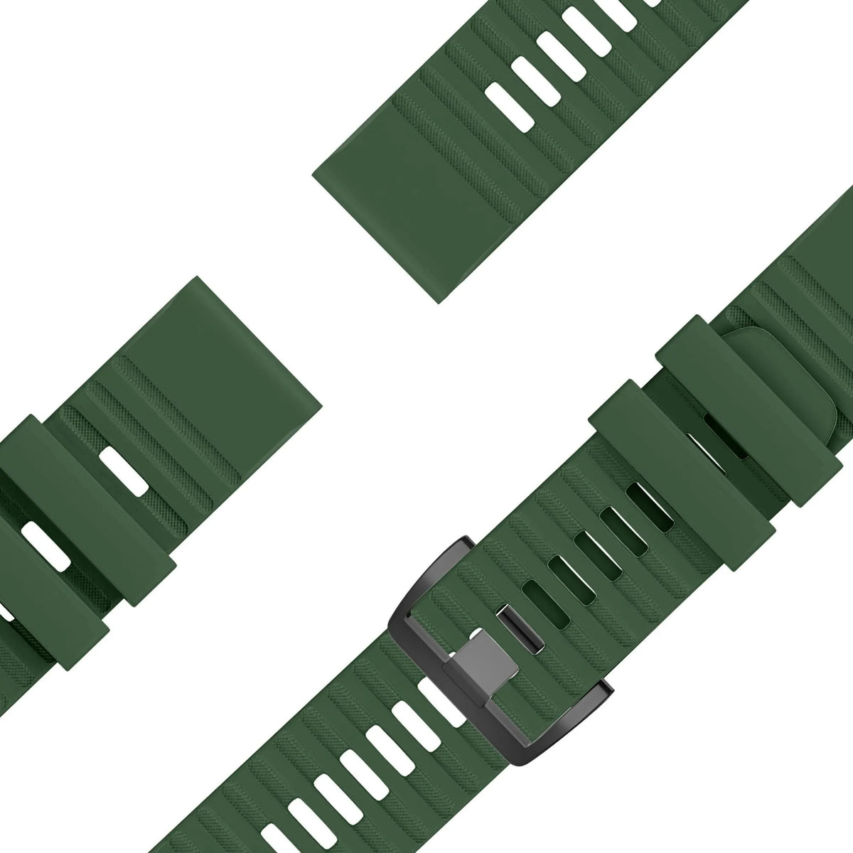 Buckled Silicone Strap, dark green, laid flat, joined, 45° top view