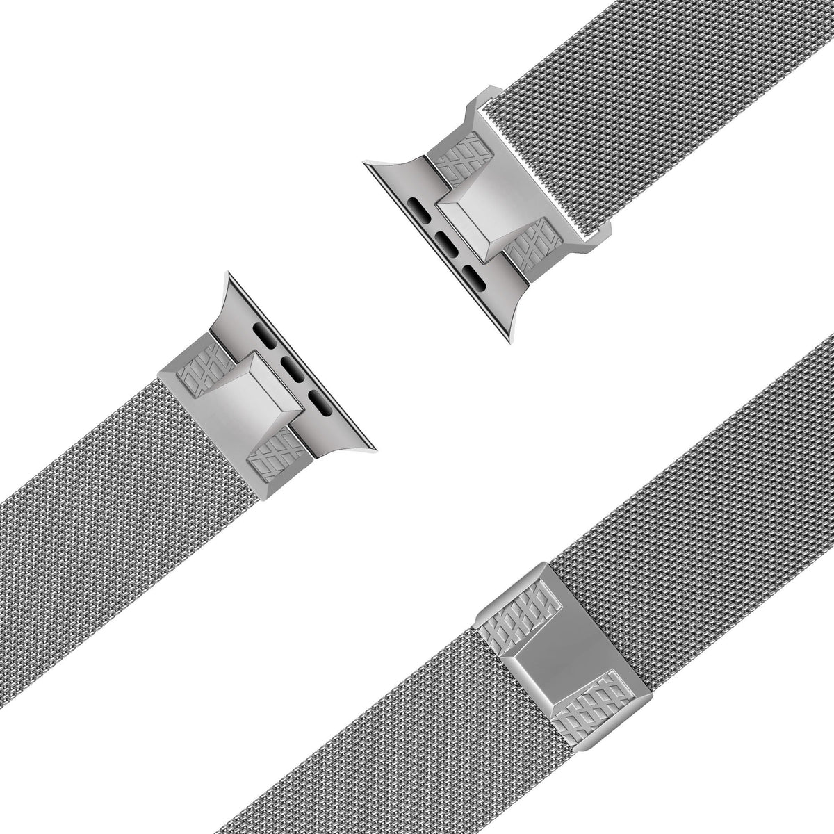 Milanese Strap 'Mecha', silver, laid flat, joined, 45° top view
