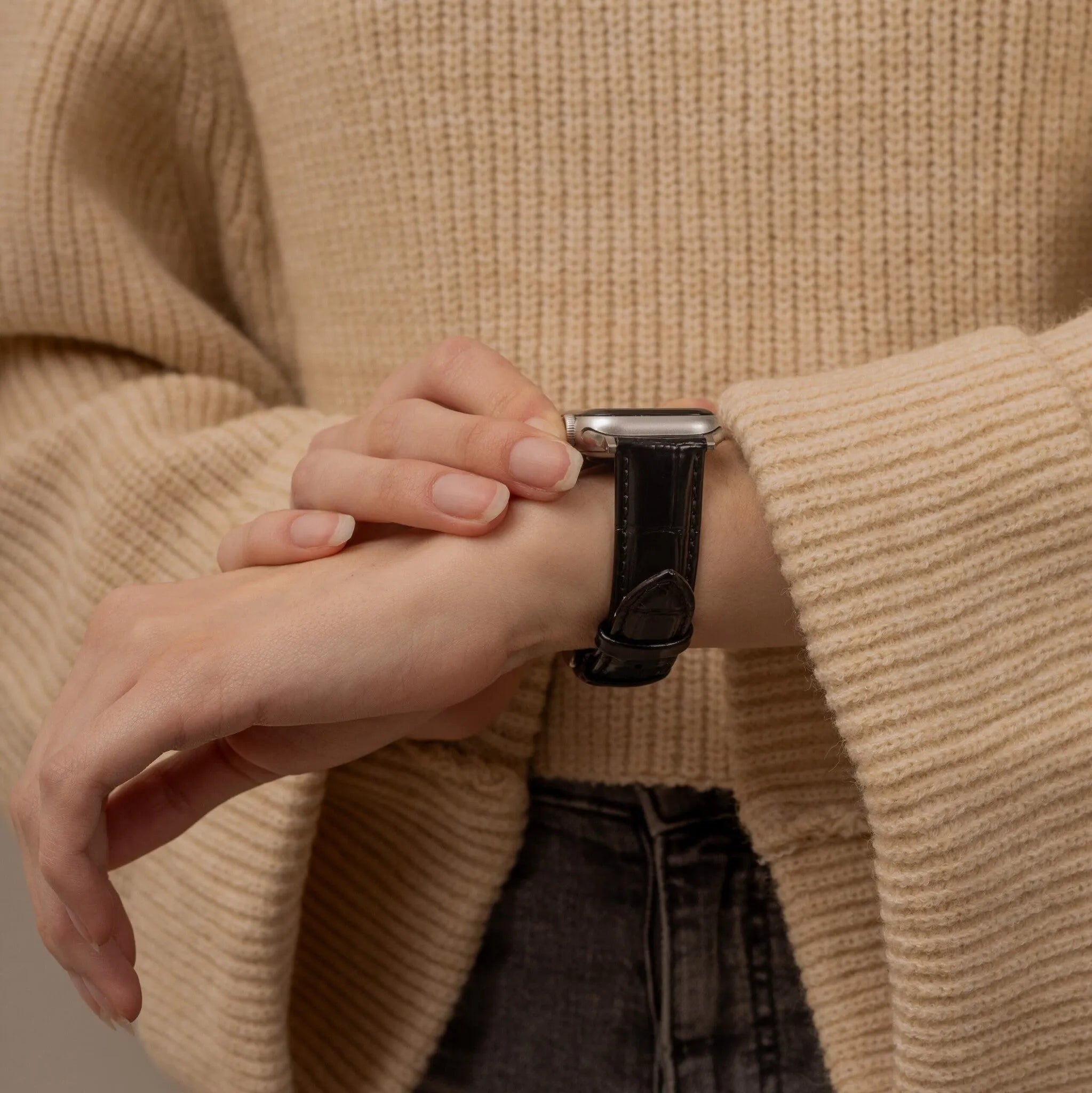 Apple Watch leather crocodile grain band (zwart)