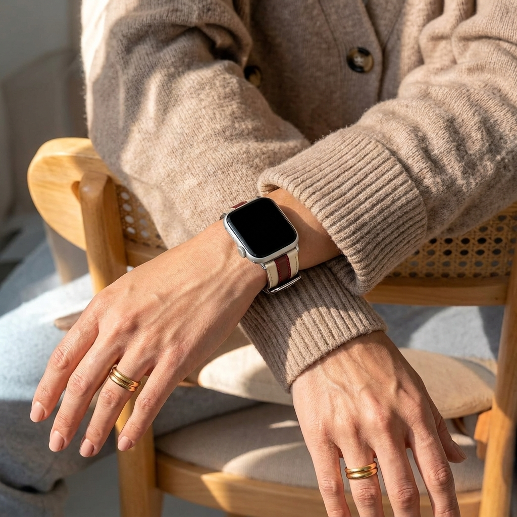 Apple Watch slim hybrid leren band (beige/rood)