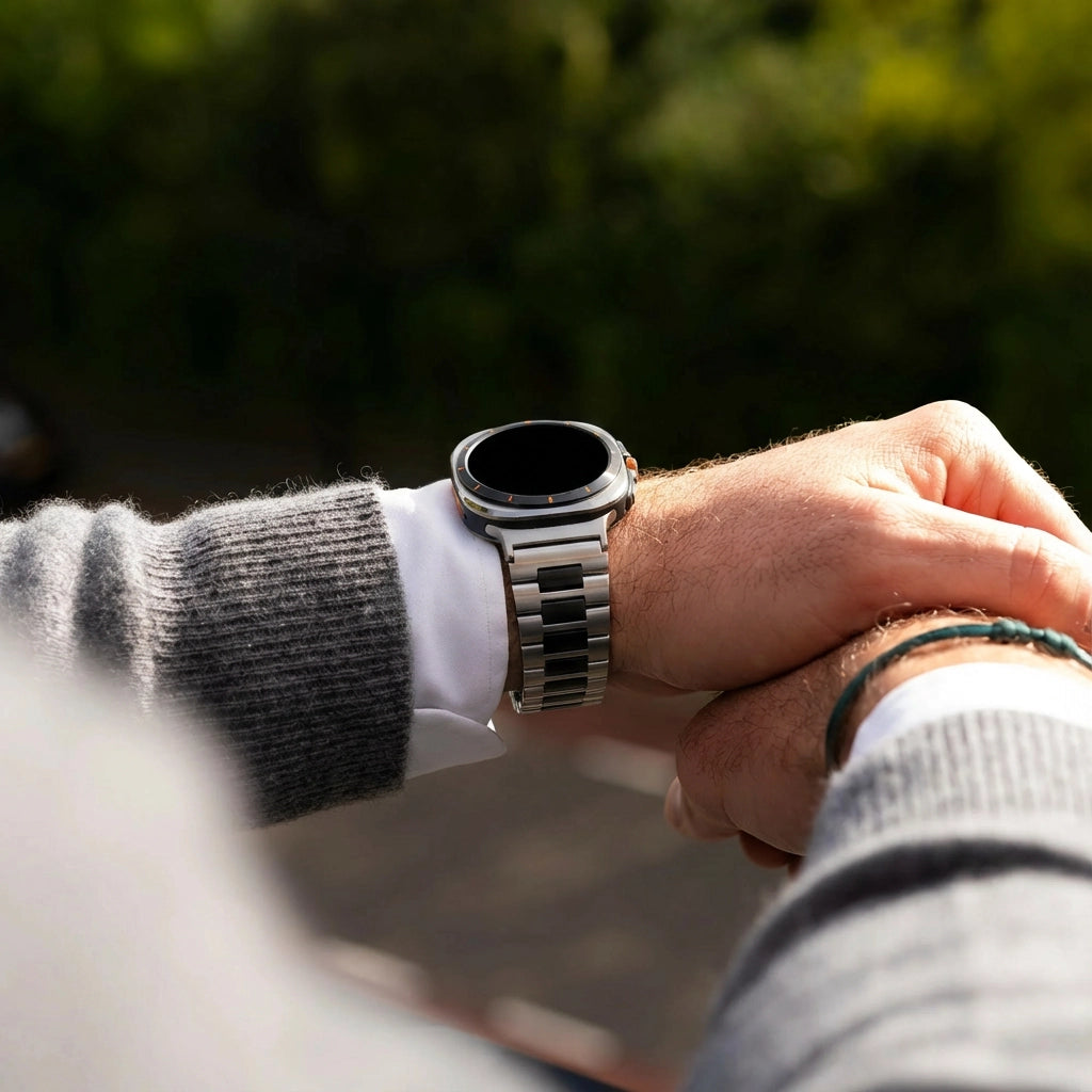 Bandz Samsung Galaxy Watch Ultra stalen schakel band 'Deluxe' (zilver/zwart)