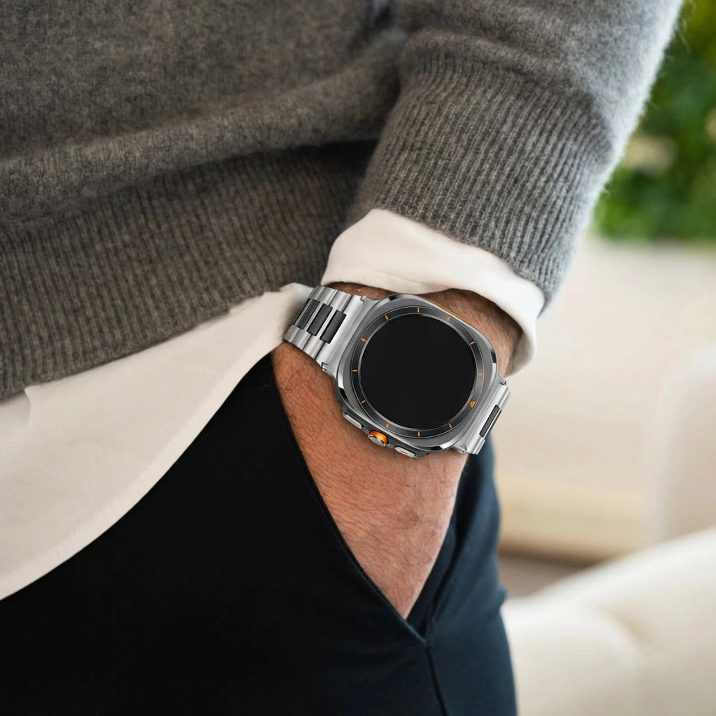Bandz Samsung Galaxy Watch Ultra stalen schakel band 'Deluxe' (zilver/zwart)