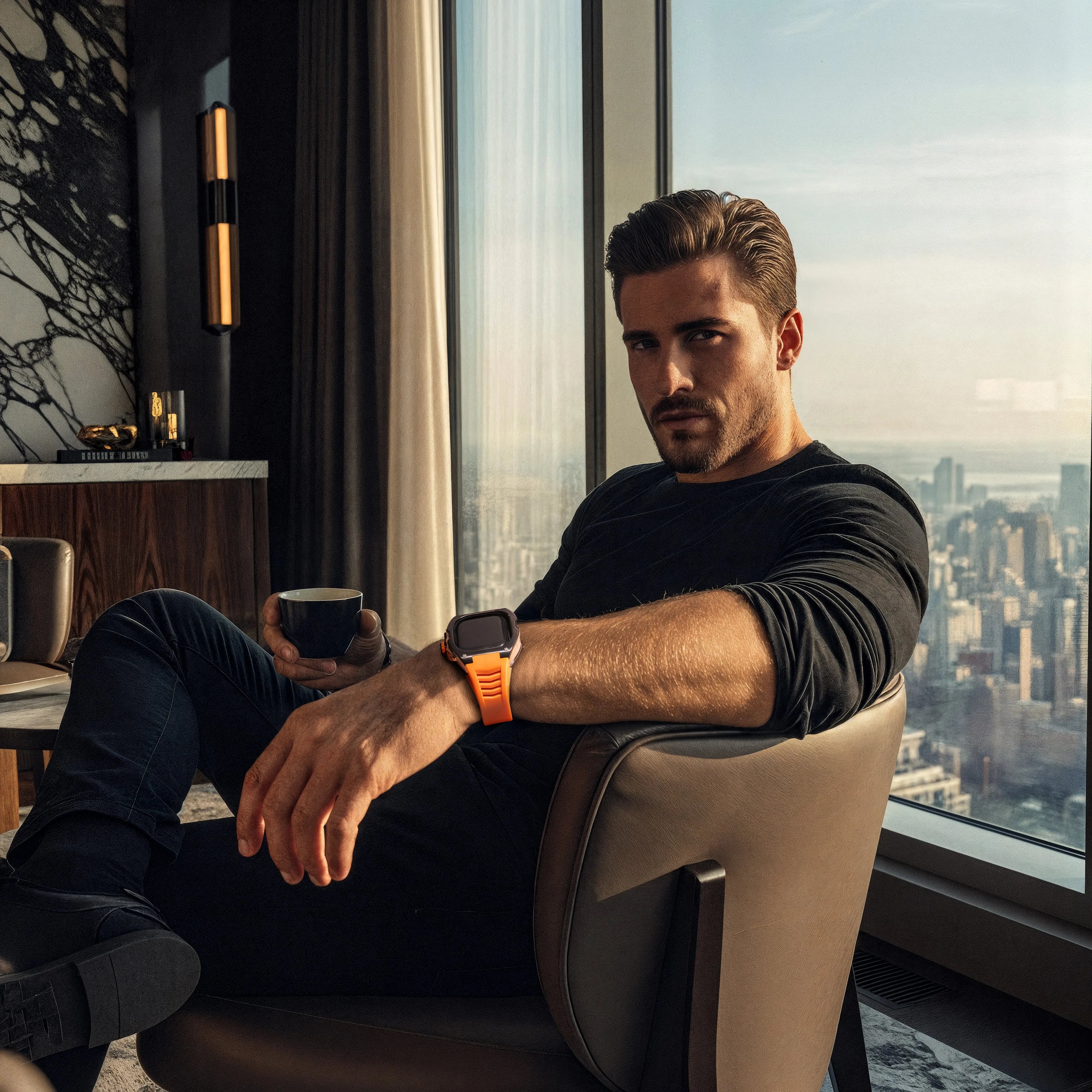 Reqior Apple Watch Ultra case met rubberen band (zwart/oranje)