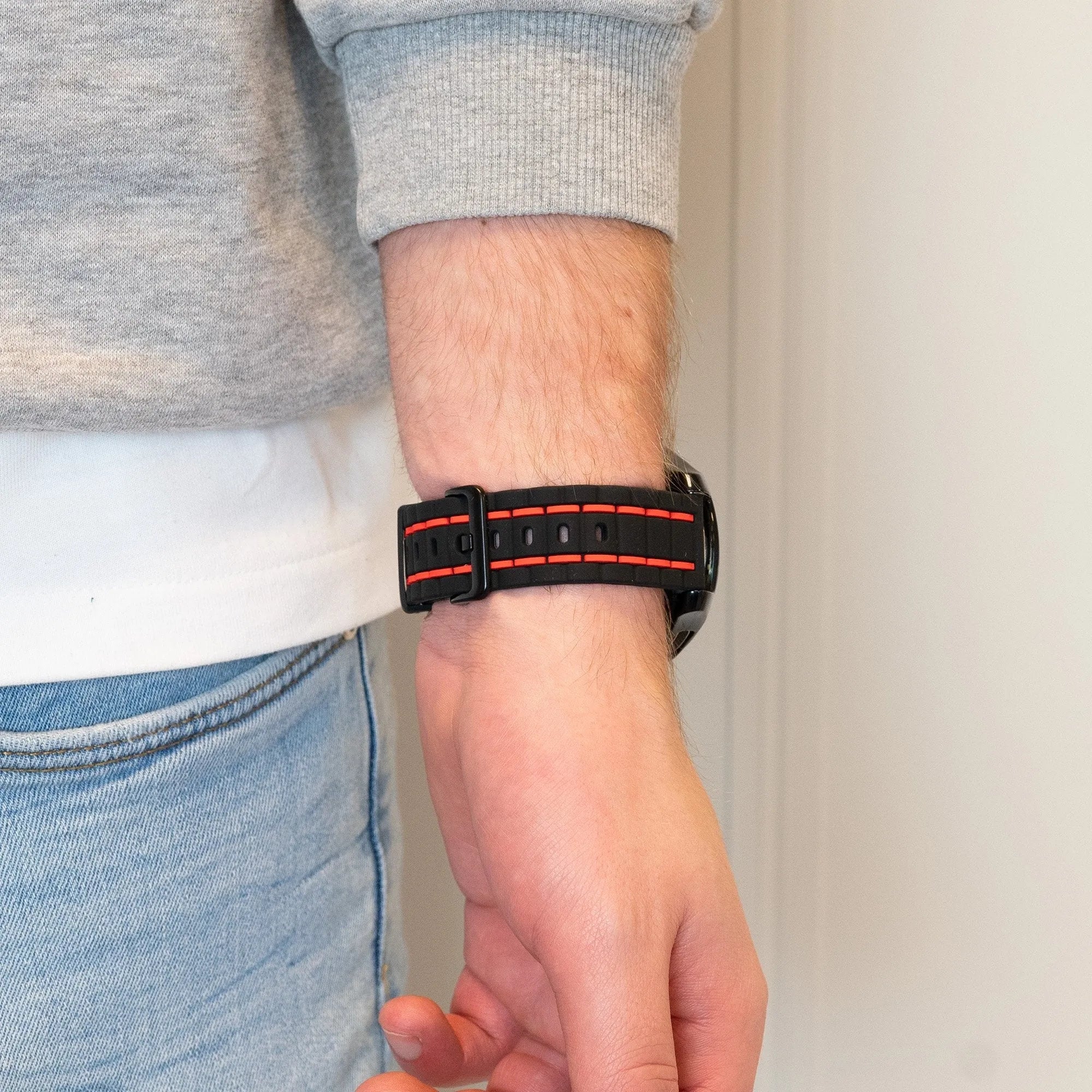 Silicone Sport Strap Striped, black/red, lifestyle photo