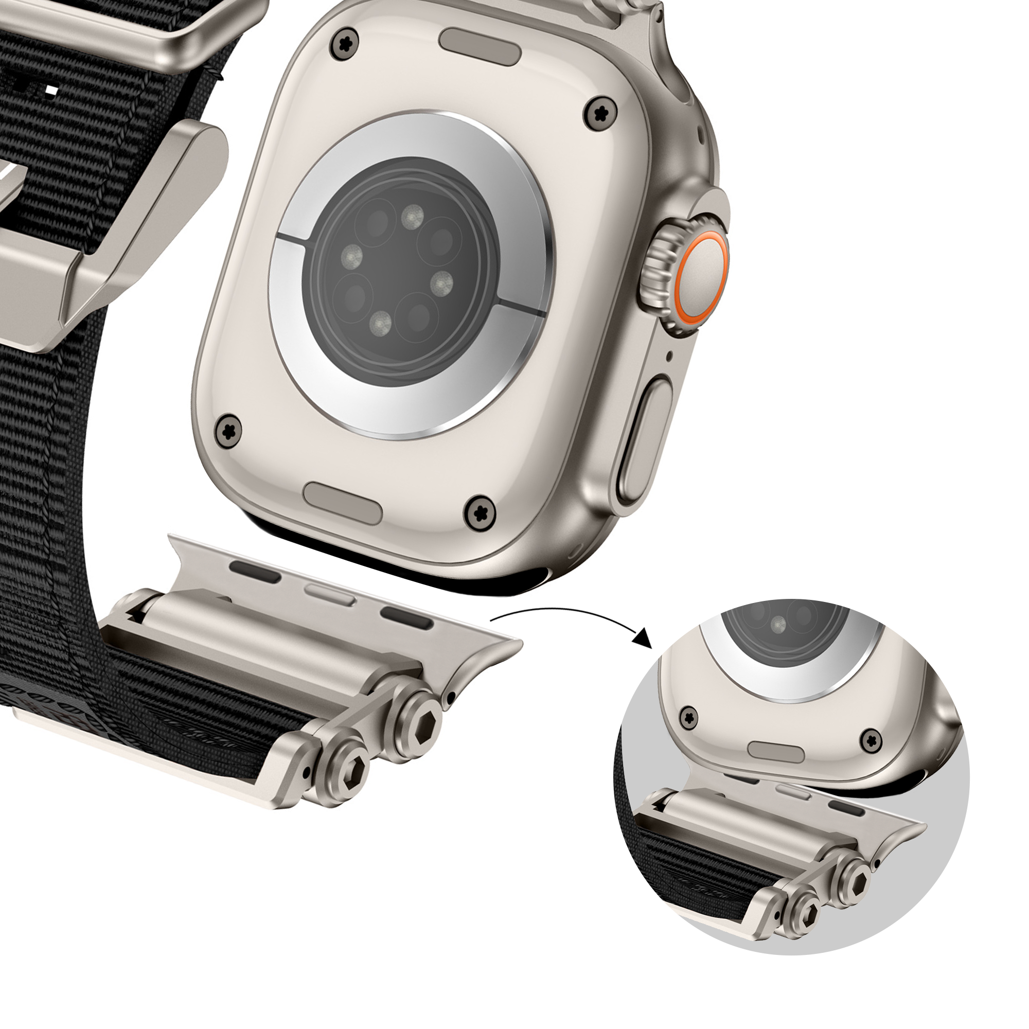 Bandz Apple Watch Ultra nylon band 'Explorer' (zwart met titanium)