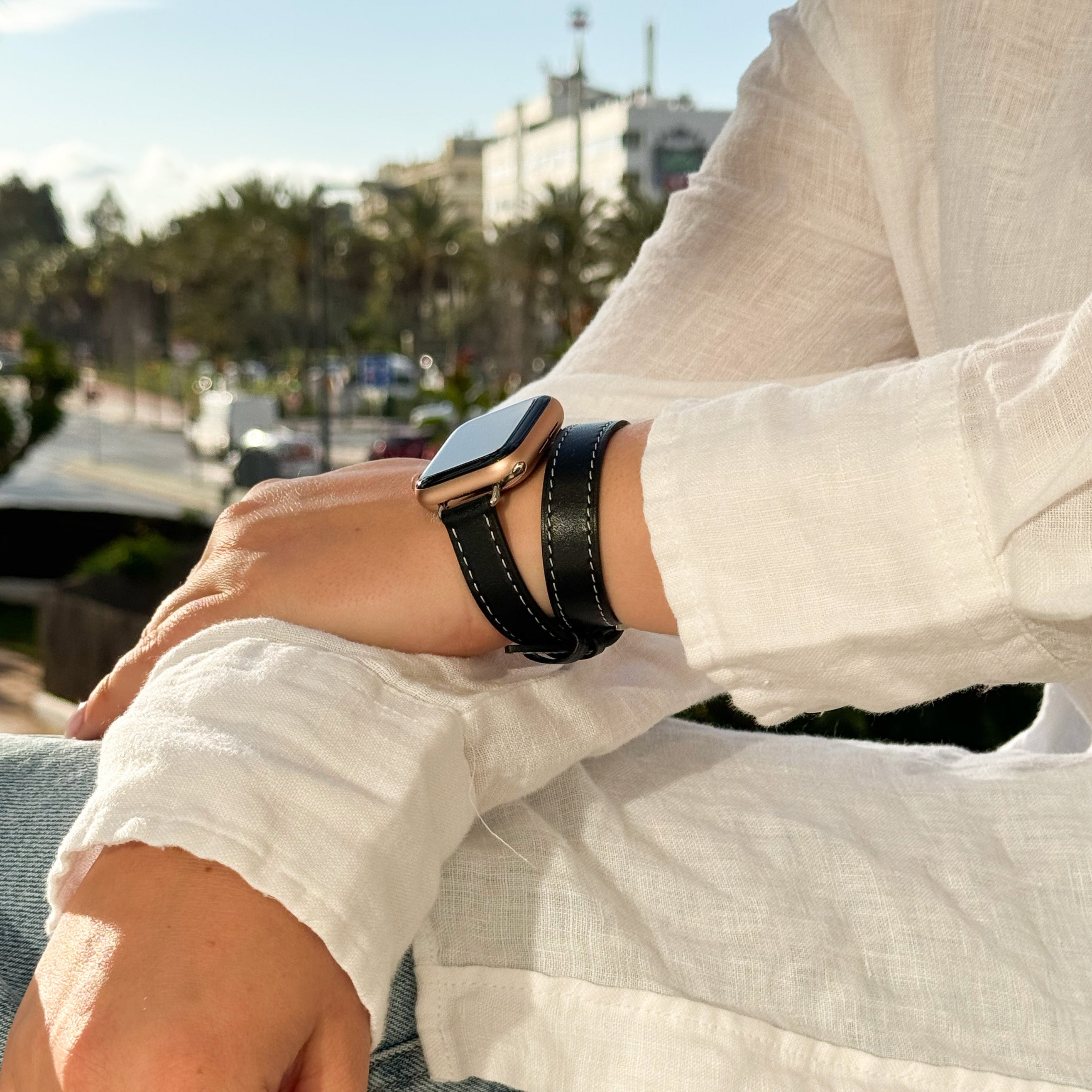 Apple Watch leren double tour band (zwart)