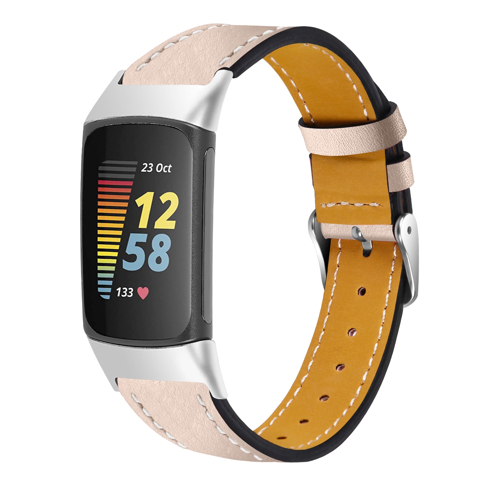 Fitbit Charge 5 modern leren bandje (lichtbeige)