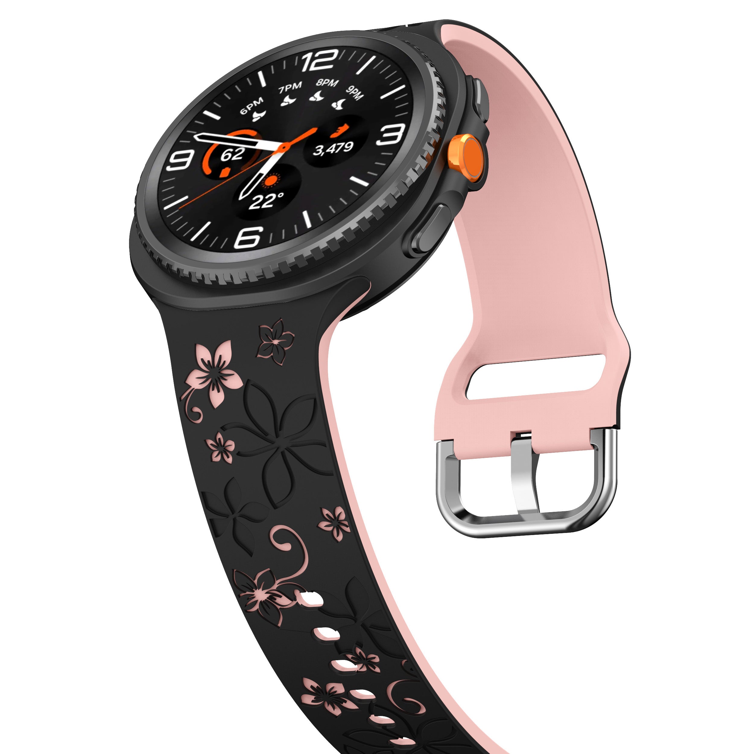 Samsung Galaxy Watch 8 - 44mm flower silicone band (zwart/roze)