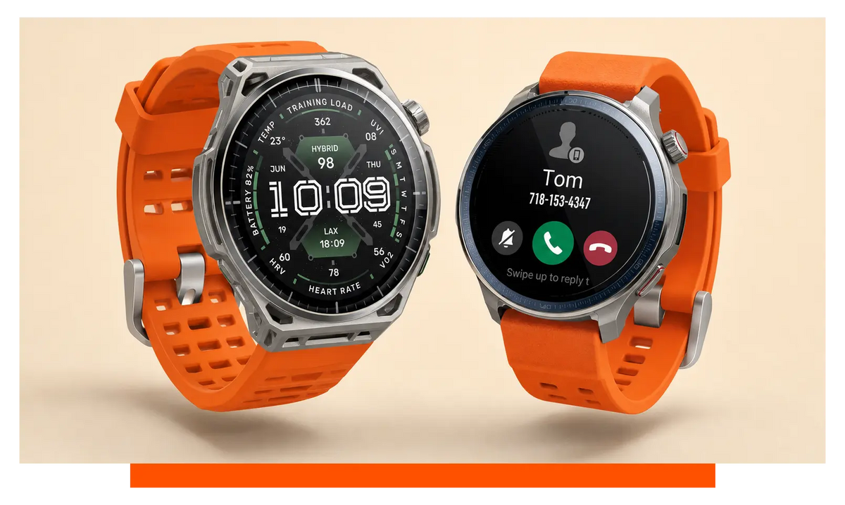 Two smartwatches shown side by side, floating in the studio - Amazfit Balance 3 and Amazfit Balance 2
