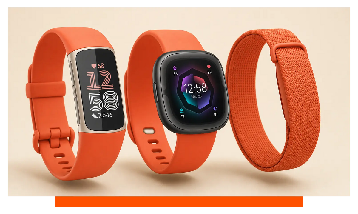 Three smartwatches shown side by side, floating in the studio - Fitbit Charge 6 and Fitbit Sense 2 and Fitbit Air