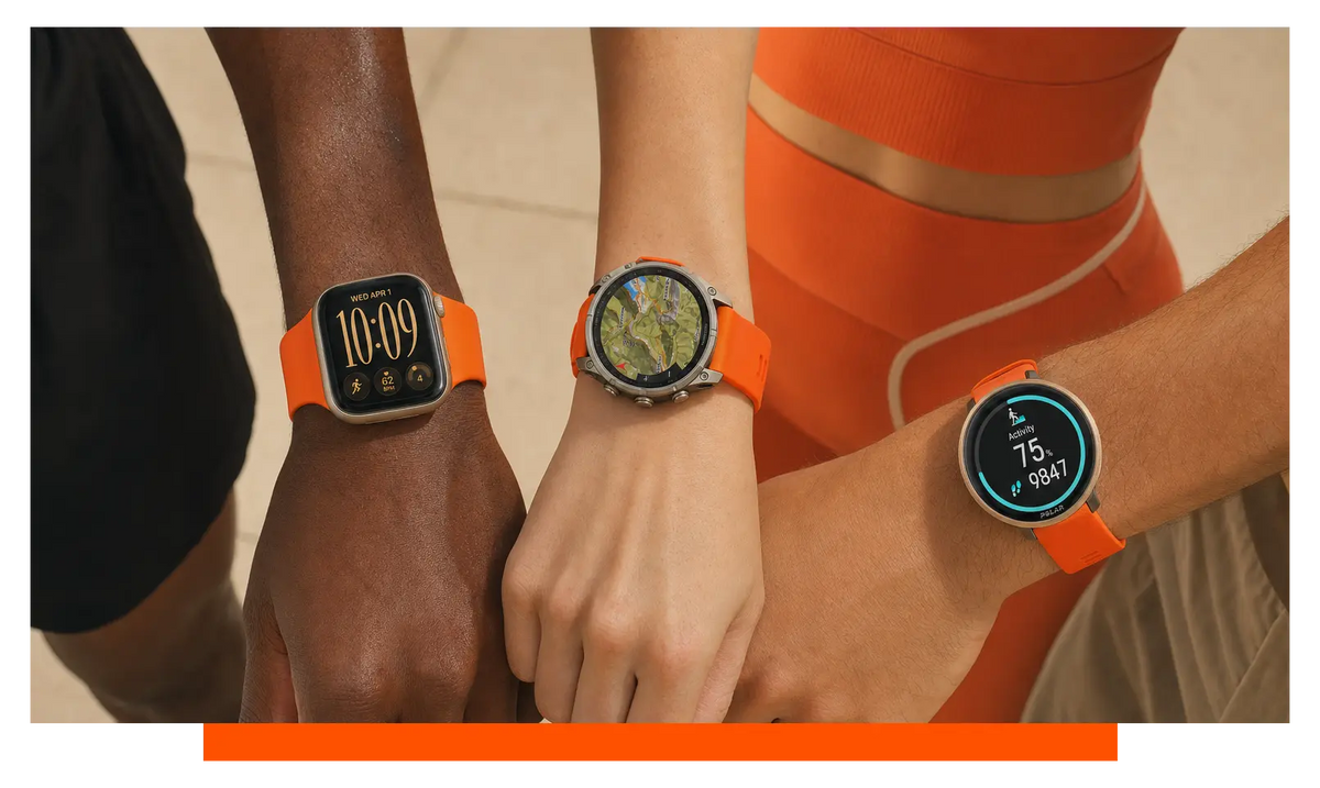 Three smartwatches worn on separate wrists, worn, mid-workout - Apple Watch Series 12 and Garmin Fenix 9 Pro and Polar Vantage M3
