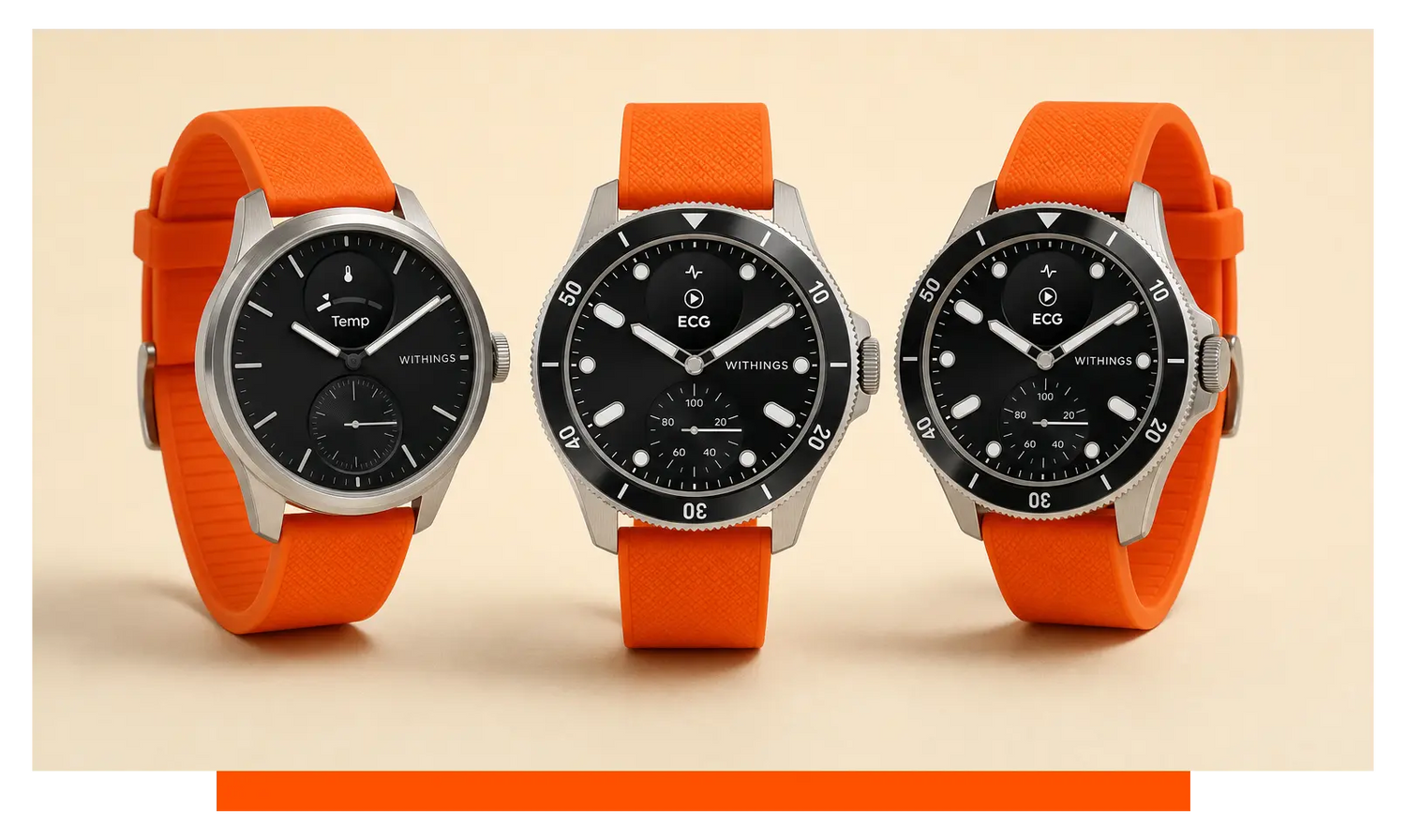 Three smartwatches shown side by side, floating in the studio - Garmin Vivomove and Withings Scanwatch 2 and Withings Scanwatch Nova