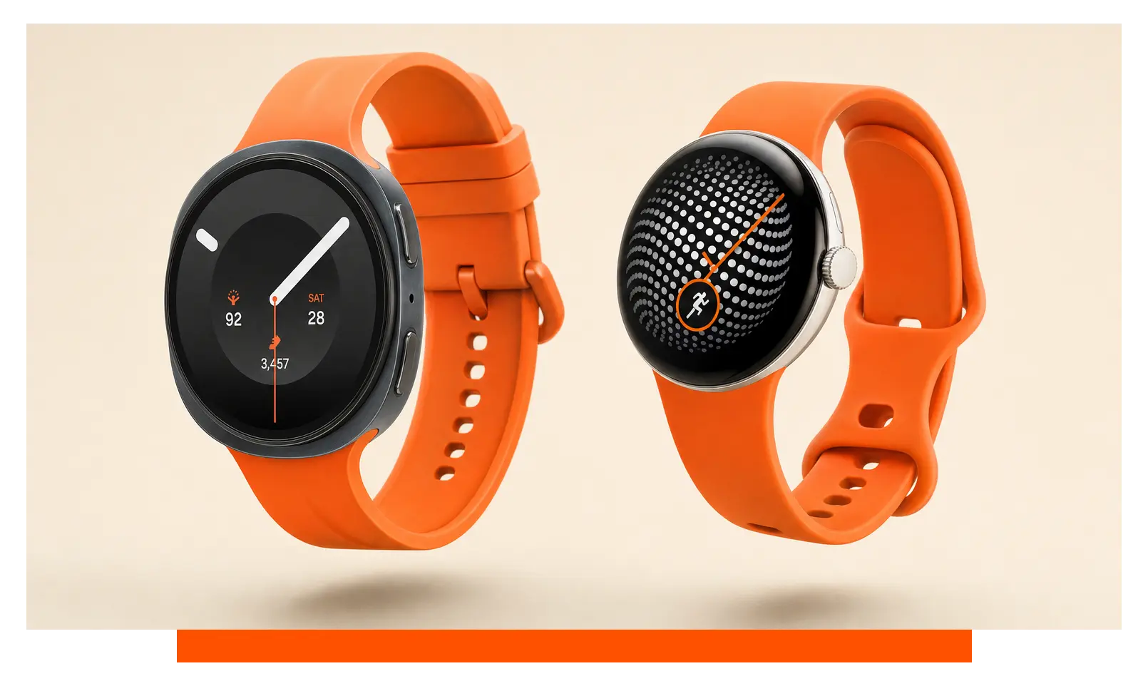 Two smartwatches shown side by side, floating in the studio - Samsung Galaxy Watch 9 and Google Pixel Watch 5