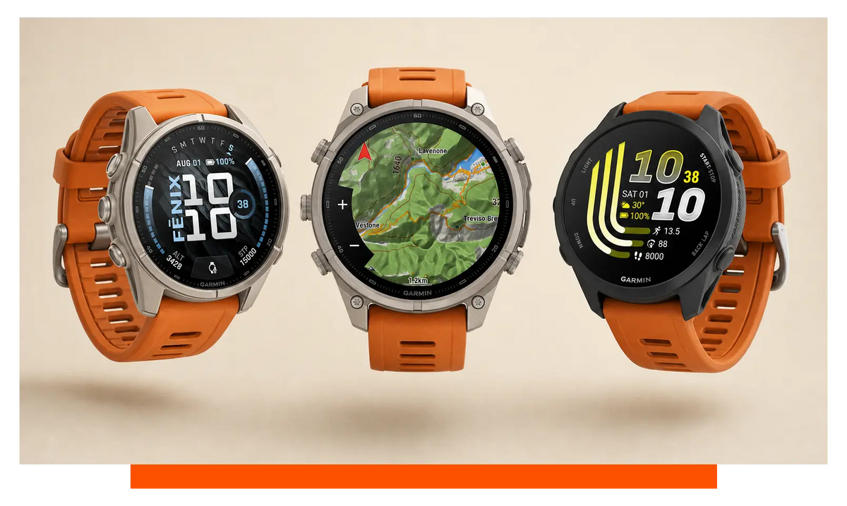 Three smartwatches shown side by side, floating in the studio - Garmin Fenix 9 and Garmin Fenix 9 Pro and Garmin Forerunner 170