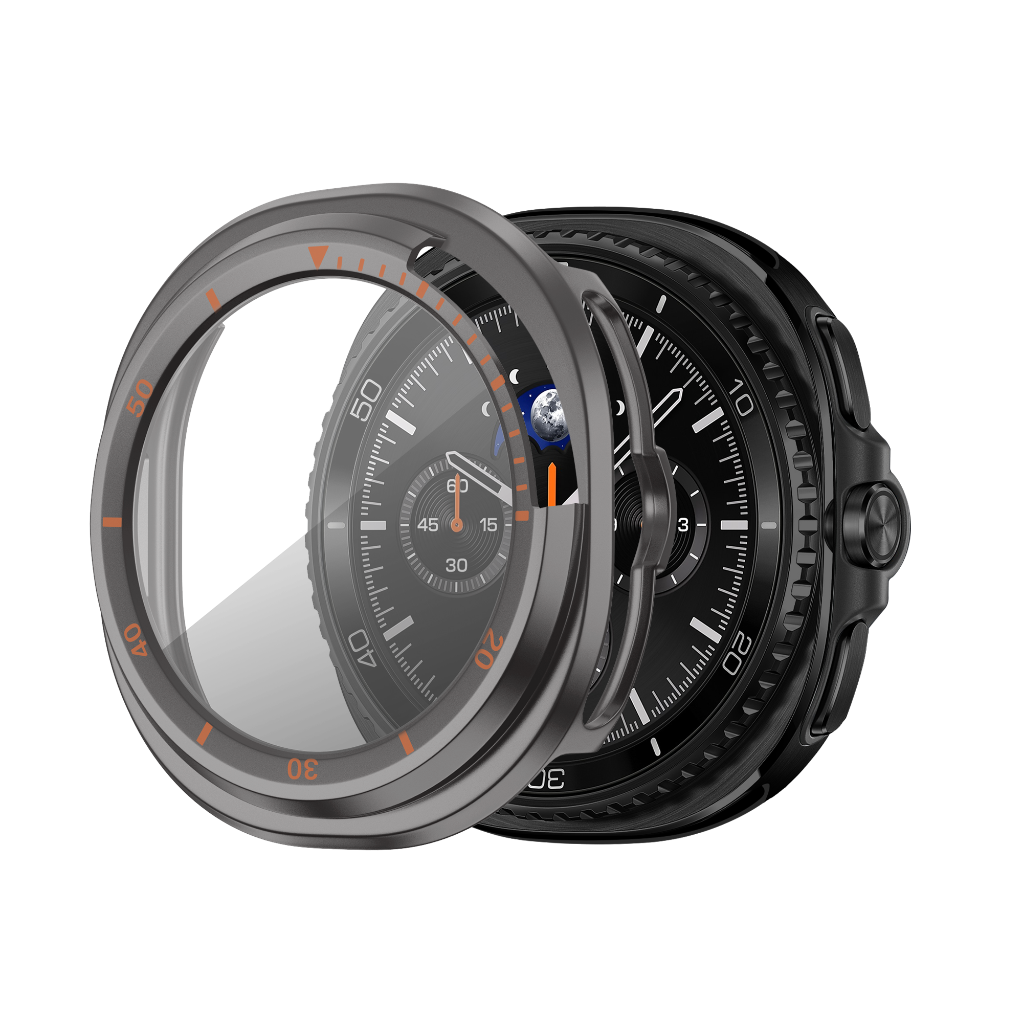 Bandz Samsung Galaxy Watch 8 Classic bezel hoesje met glas (titanium grijs/oranje)