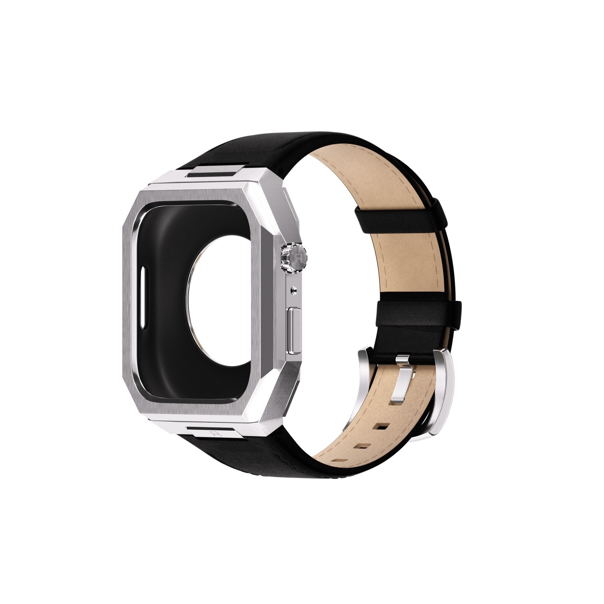 Reqior Apple Watch 45mm metalen case met leren band (zilver/zwart)