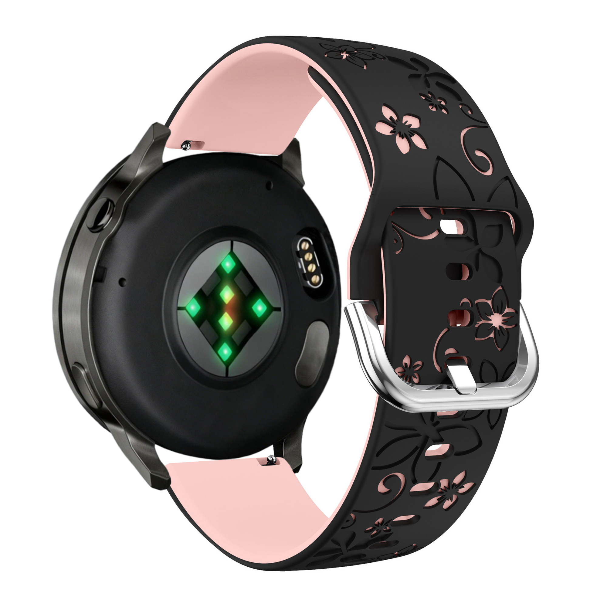 Bandz Garmin Forerunner 645 siliconen band 'Flowers' (zwart/lichtroze)