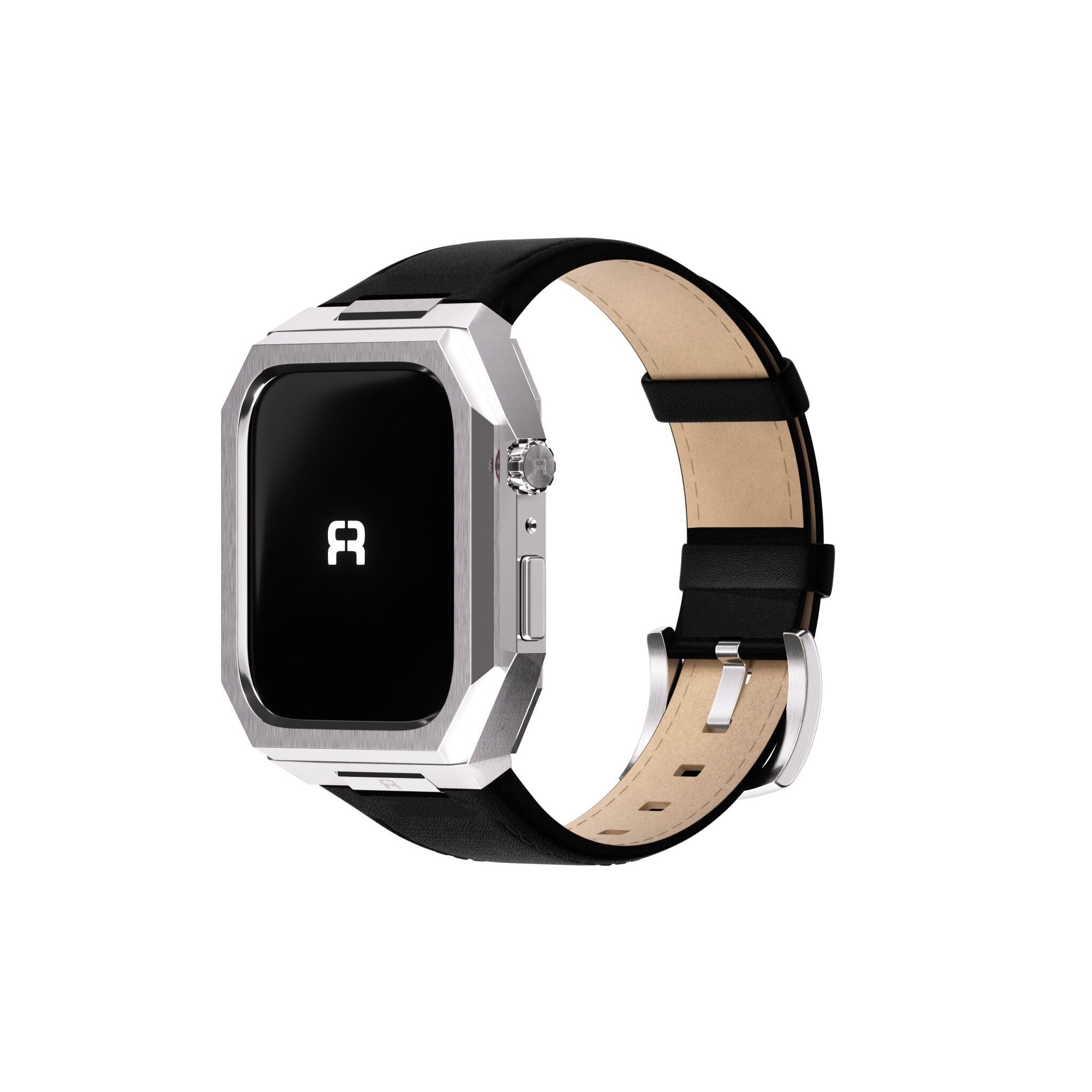 Reqior Apple Watch 45mm metalen case met leren band (zilver/zwart)