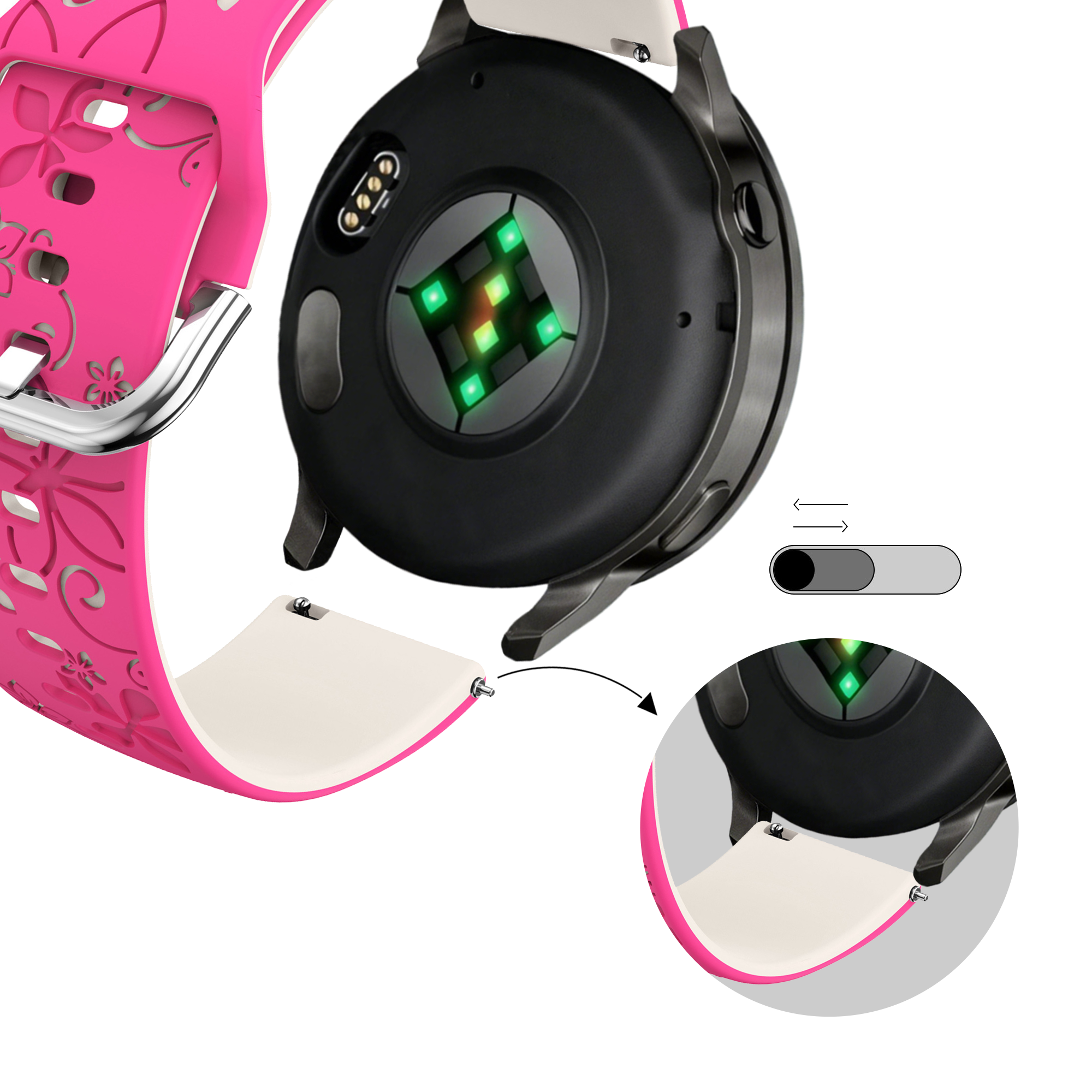 Bandz Garmin Forerunner 645 siliconen band 'Flowers' (knalroze/sterrenlicht)