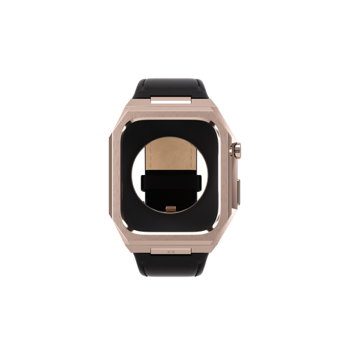 Reqior Apple Watch 45mm metalen case met leren band (roségoud/zwart)