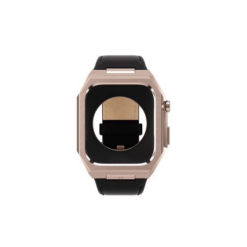 Reqior Apple Watch 45mm Metal Case with Leather Strap (Rose Gold/Black)