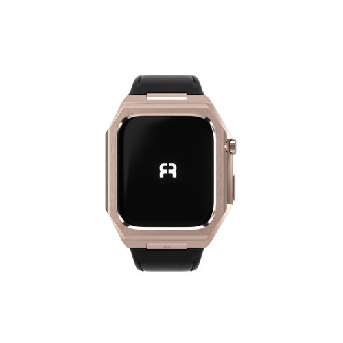 Reqior Apple Watch 45mm metalen case met leren band (roségoud/zwart)