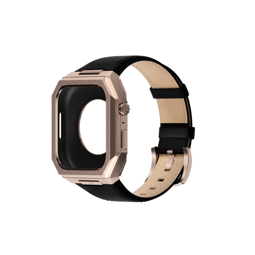 Reqior Apple Watch 45mm metalen case met leren band (roségoud/zwart)