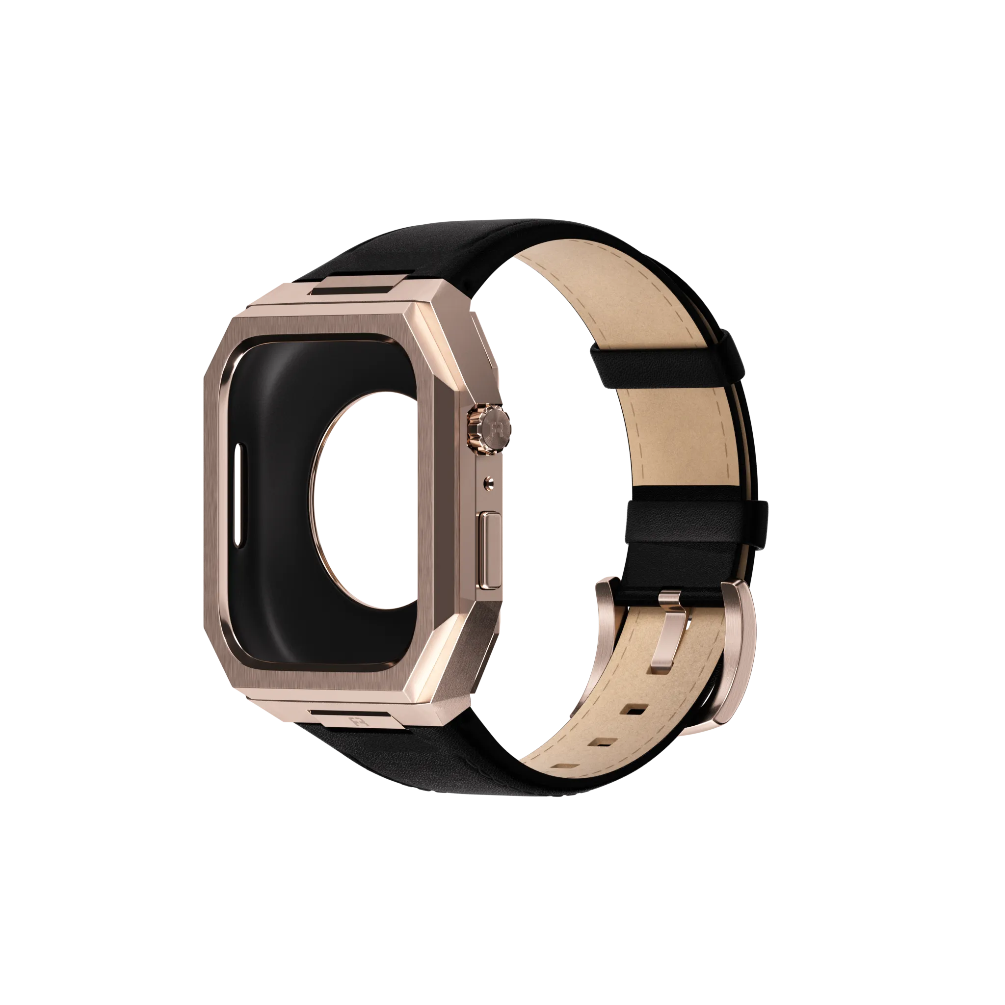 Reqior Apple Watch 45mm Metal Case with Leather Strap (Rose Gold/Black)