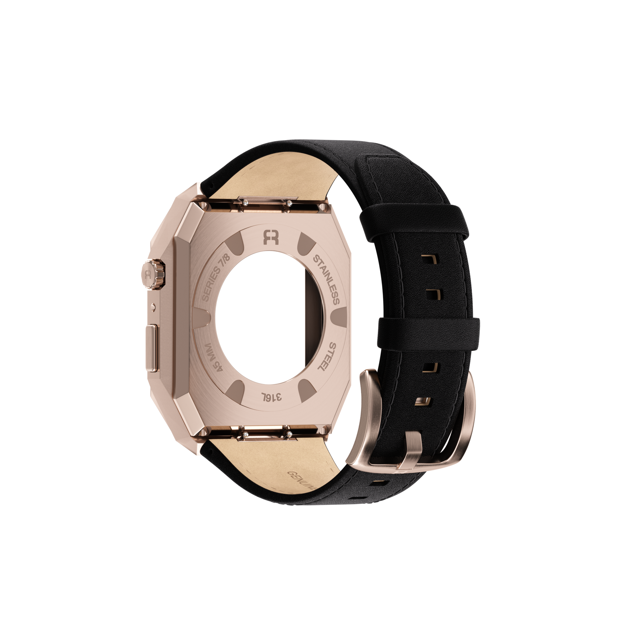Reqior Apple Watch 45mm metalen case met leren band (roségoud/zwart)
