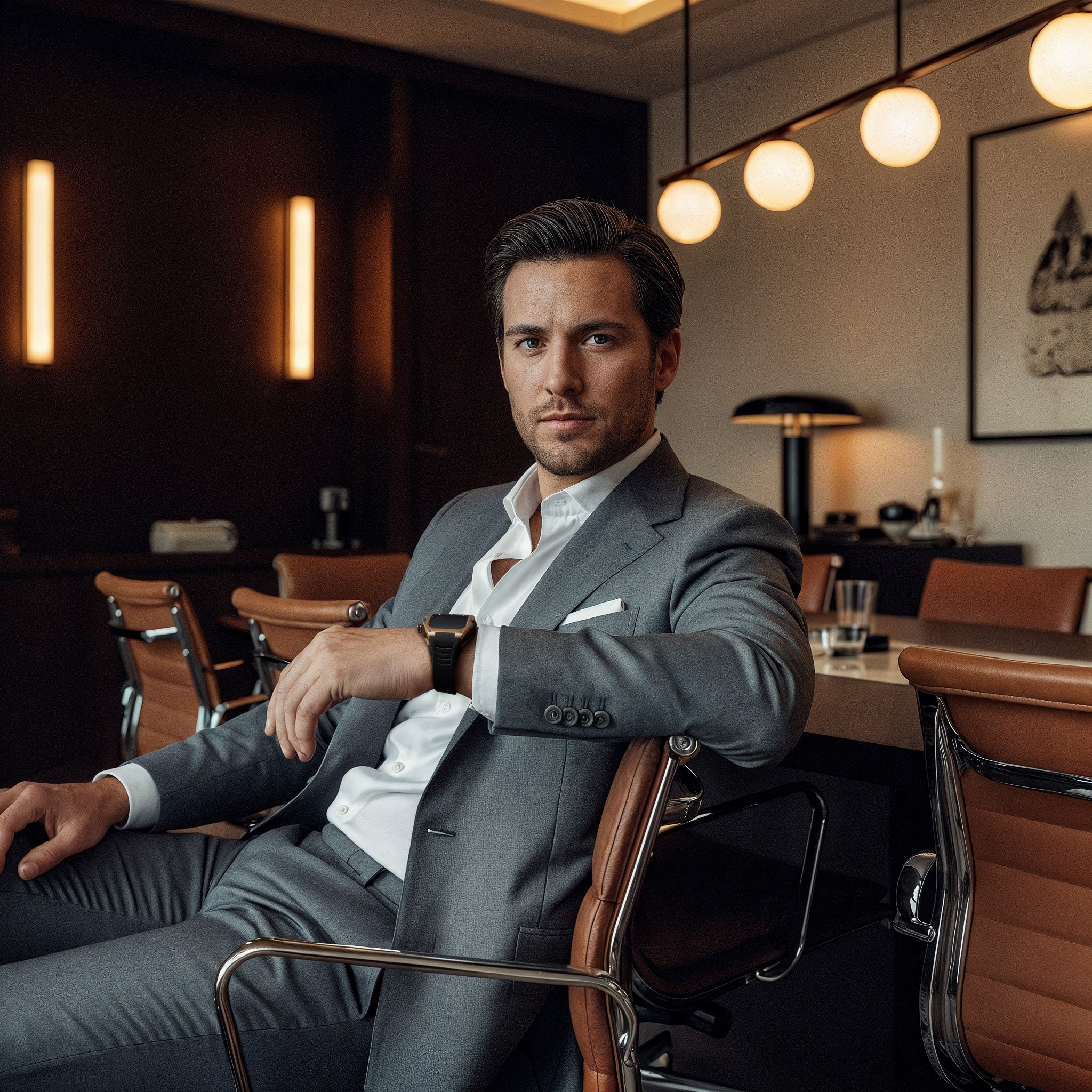 Reqior Apple Watch 45mm metalen case met leren band (roségoud/zwart)