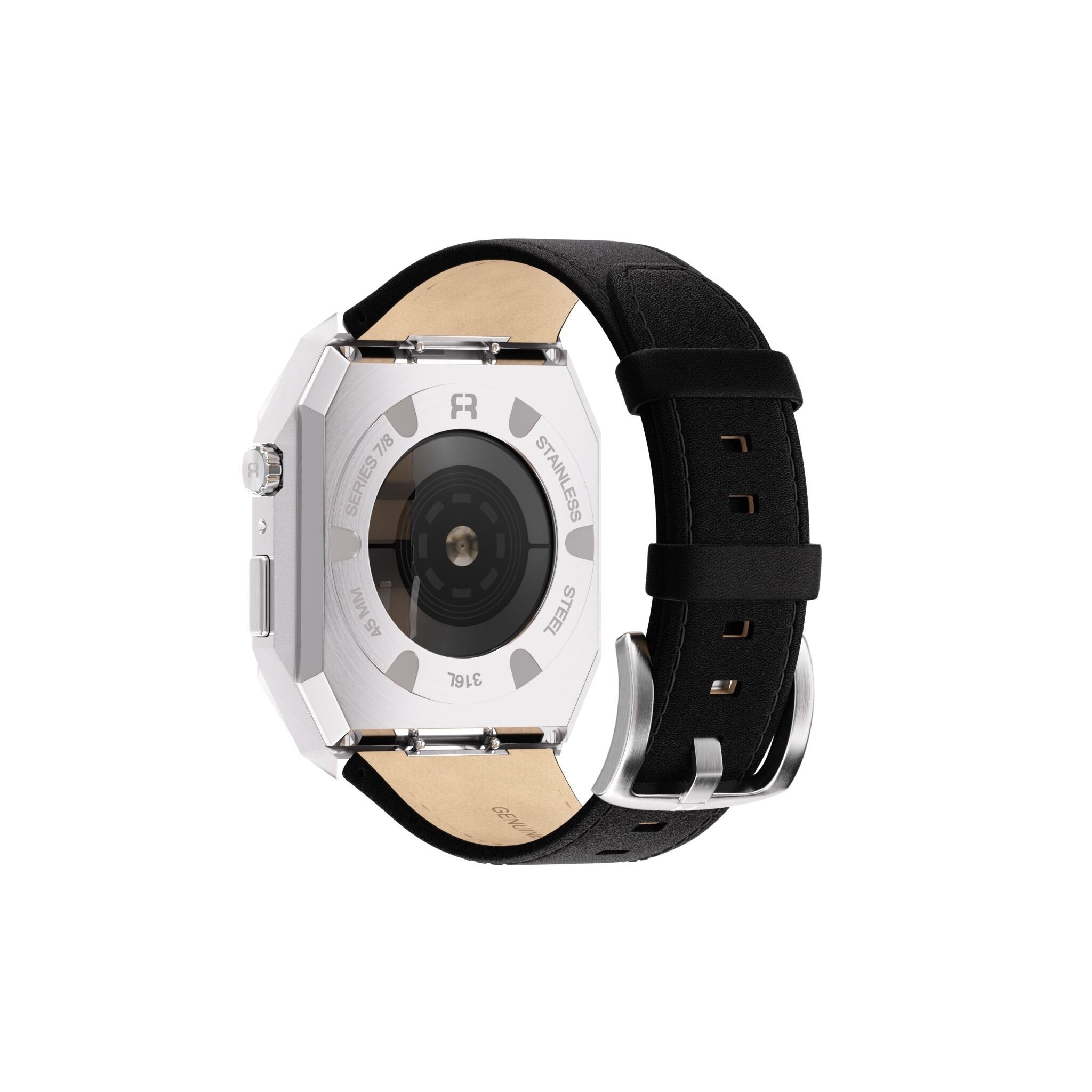 Reqior Apple Watch 45mm metalen case met leren band (zilver/zwart)