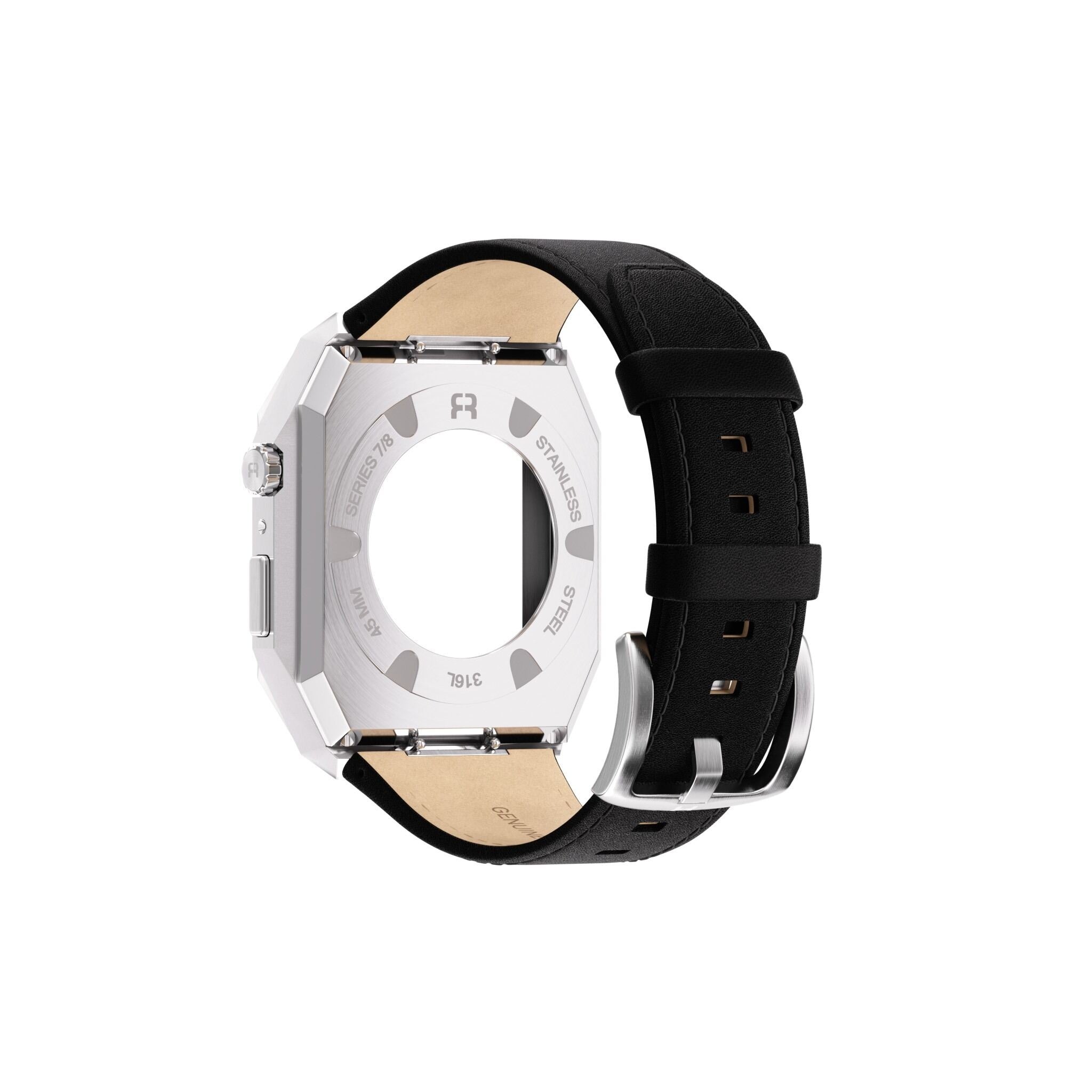 Reqior Apple Watch 45mm metalen case met leren band (zilver/zwart)