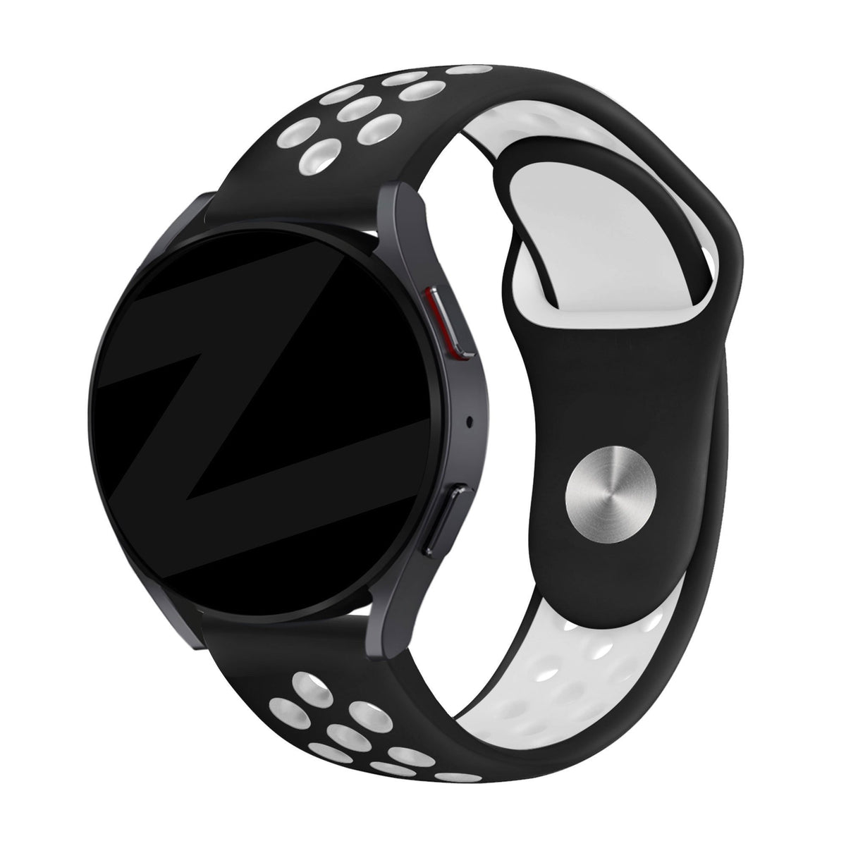 Silicone Sport Strap 'Deluxe', black/white, on a watch, 3/4 front view