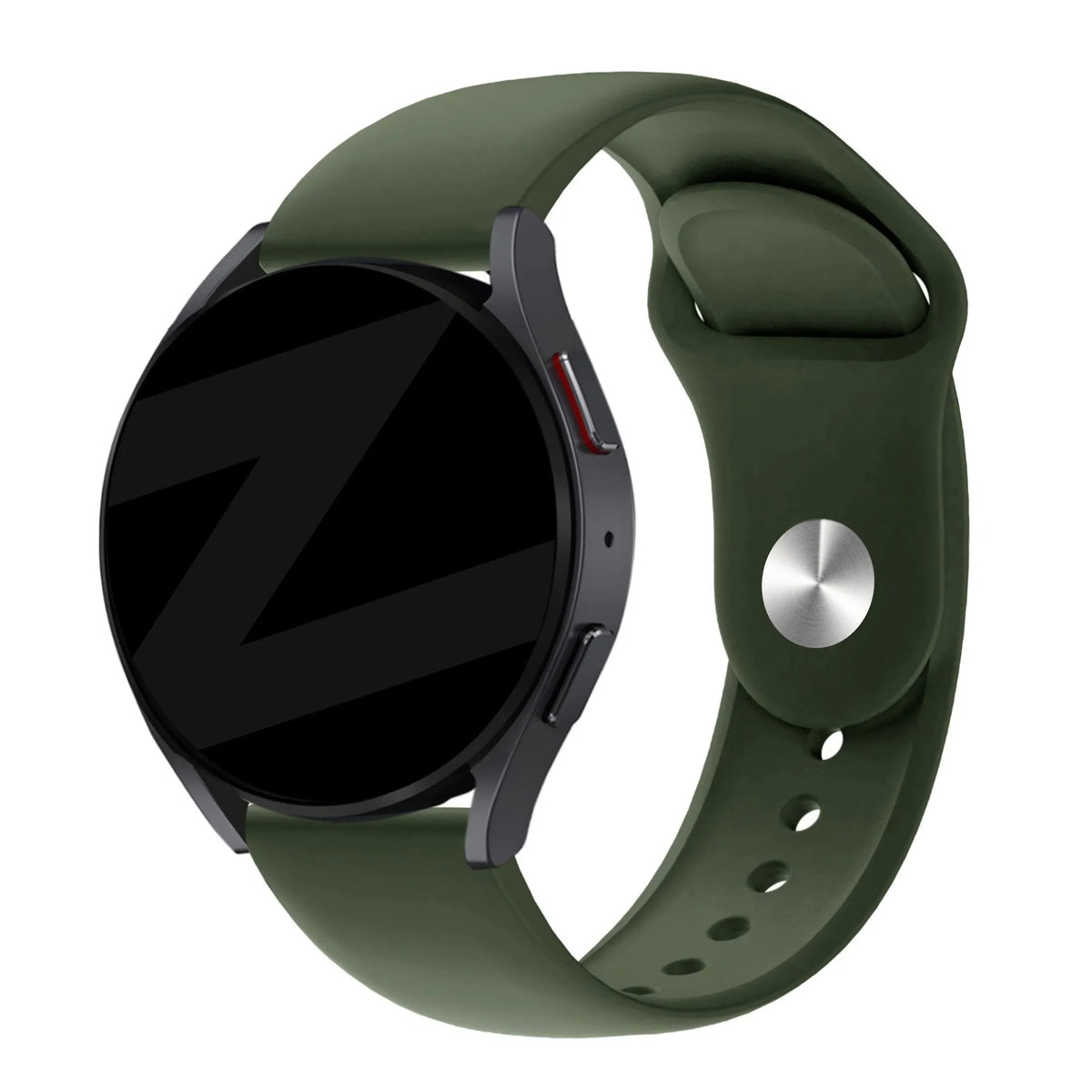 Silicone Sport Strap 'Deluxe', olive green, on a watch, 3/4 front view