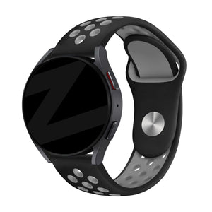 Silicone Sport Strap 'Deluxe', black/grey, on a watch, 3/4 front view