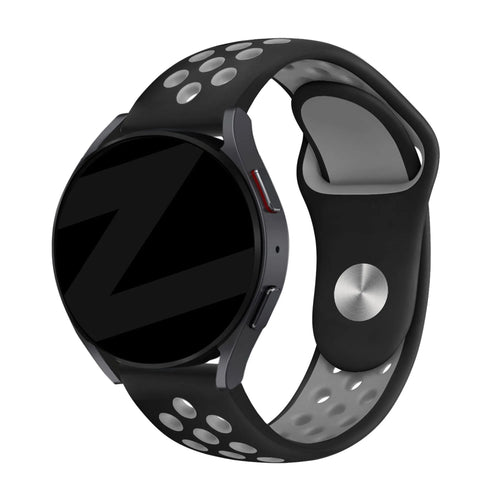Silicone Sport Strap 'Deluxe', black/grey, on a watch, 3/4 front view